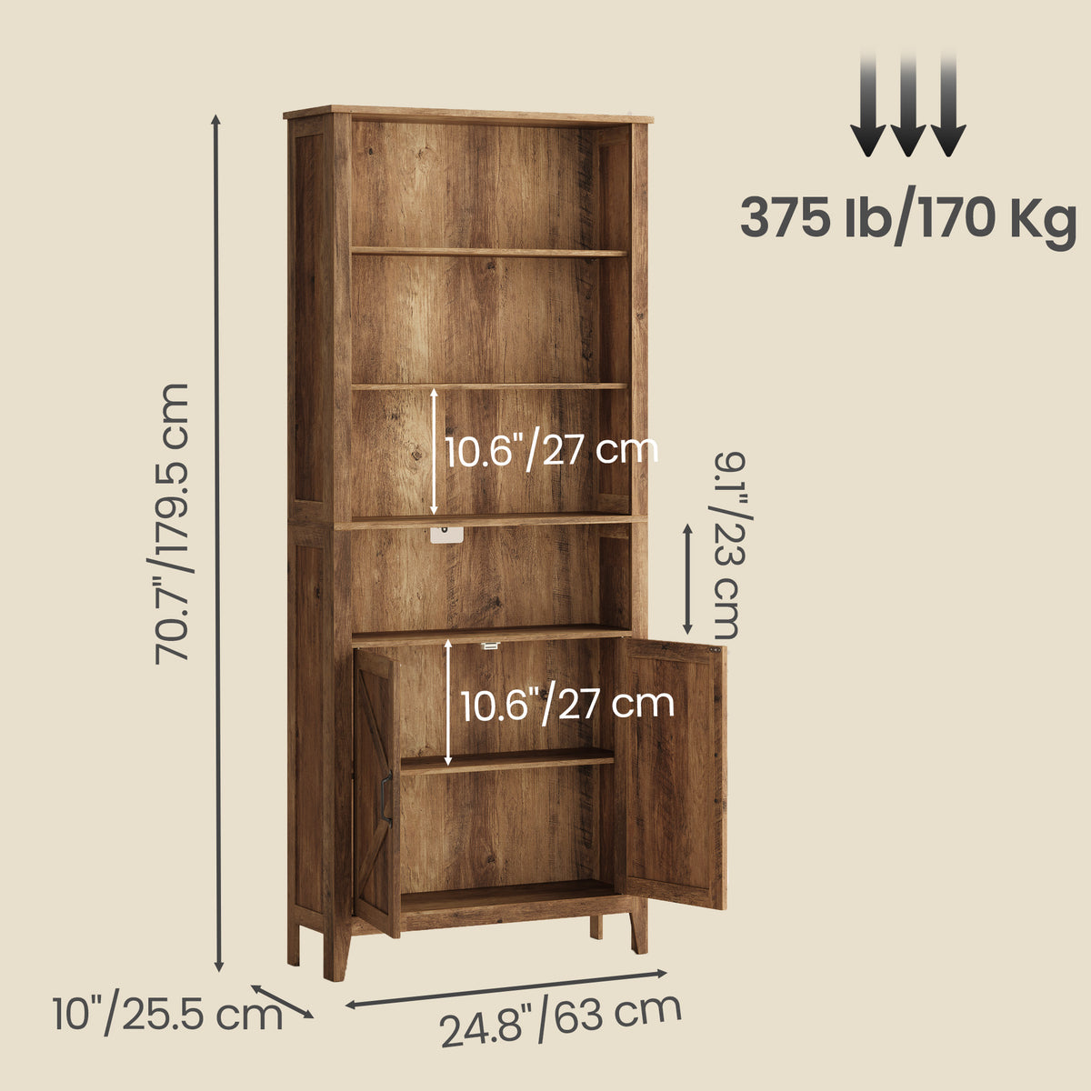 Farmhouse Tall Bookcase with Cabinet Doors and Open Shelves, 24.8 x 10 x 70.7 Inches, Warm Brown