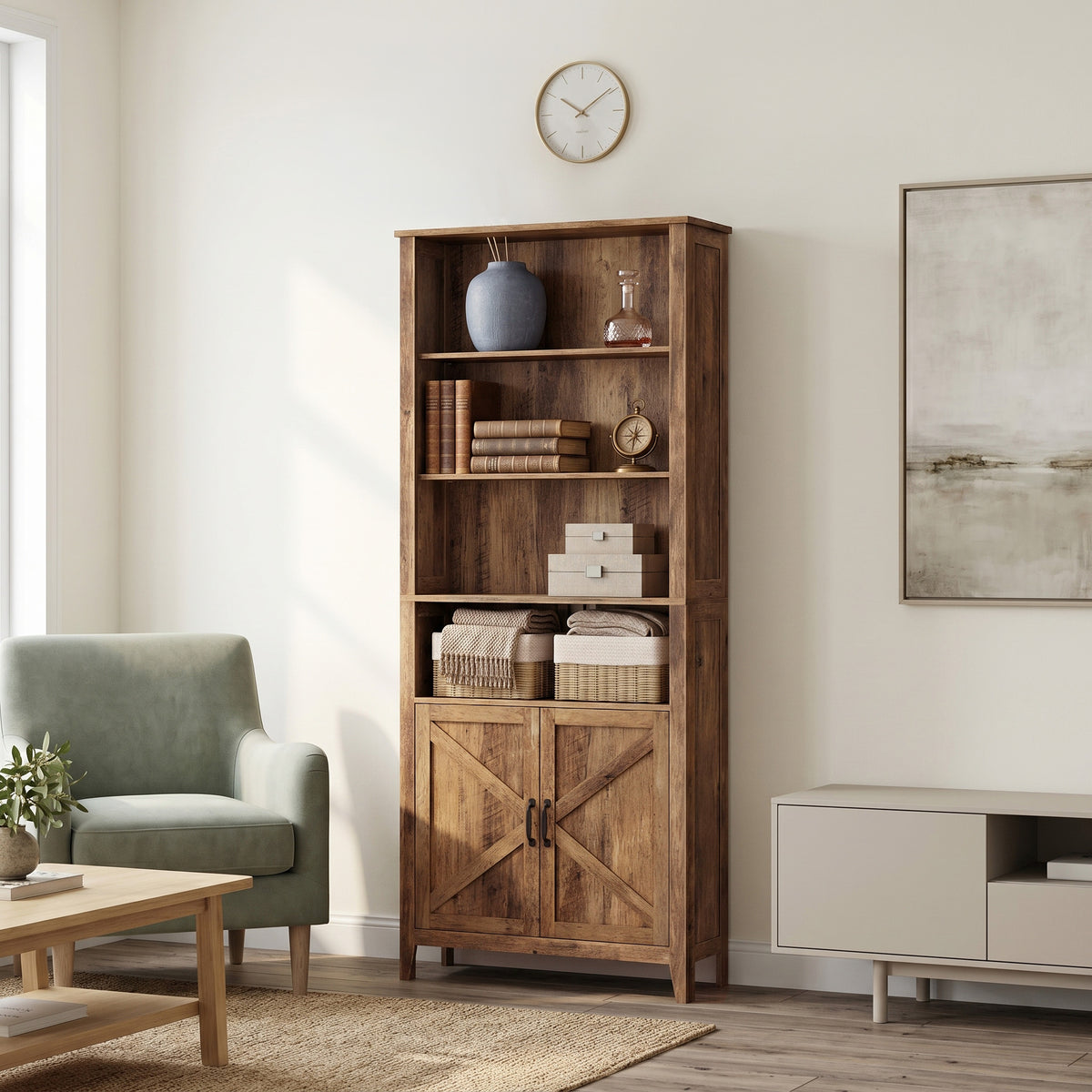 Farmhouse Tall Bookcase with Cabinet Doors and Open Shelves, 24.8 x 10 x 70.7 Inches, Warm Brown