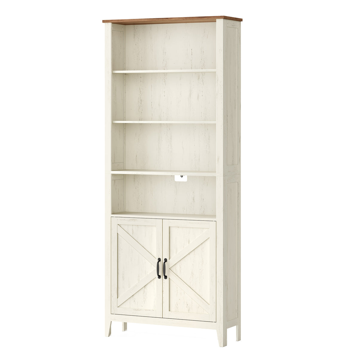 Farmhouse Tall Bookcase with Cabinet Doors and Open Shelves, 24.8 x 10 x 70.7 Inches, White