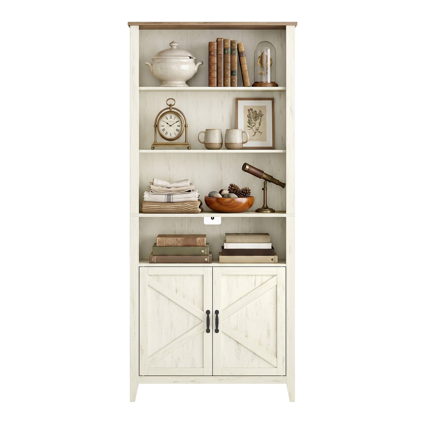 Farmhouse Tall Bookcase with Cabinet Doors and Open Shelves, 24.8 x 10 x 70.7 Inches, White