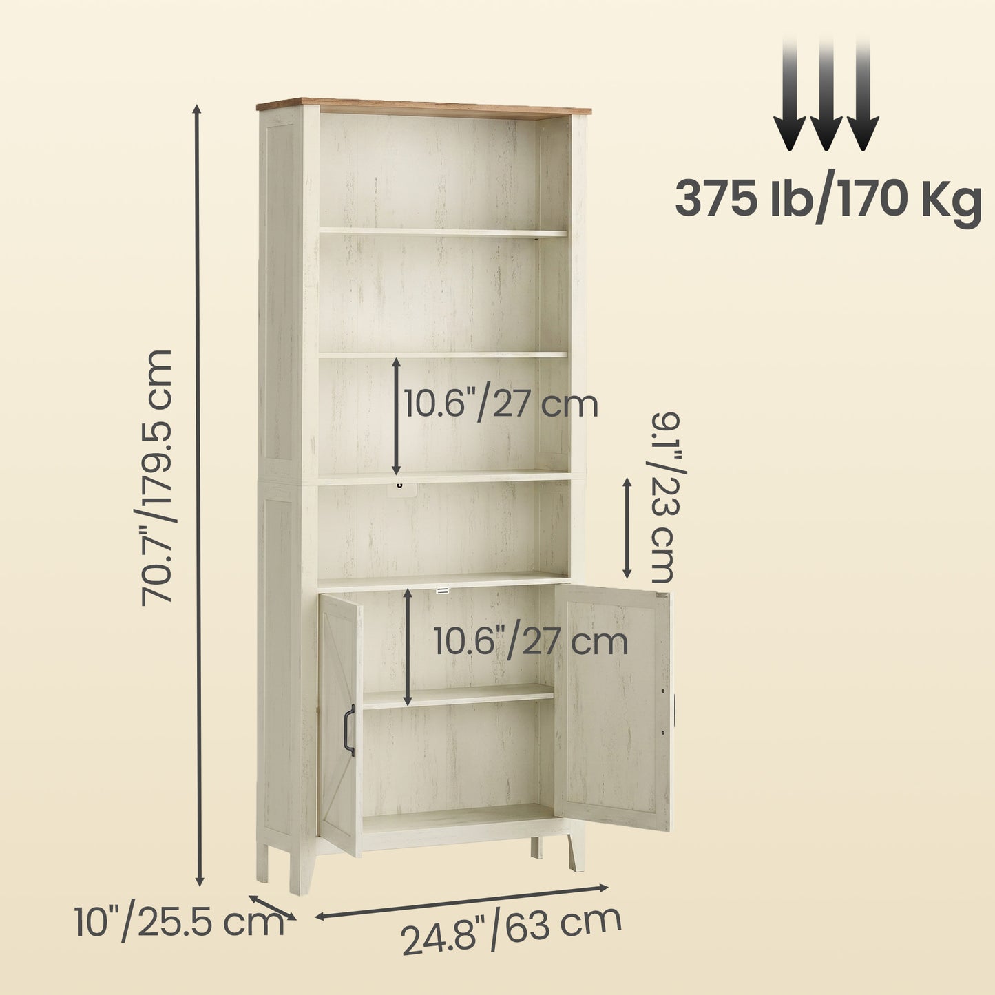 Farmhouse Tall Bookcase with Cabinet Doors and Open Shelves, 24.8 x 10 x 70.7 Inches, White