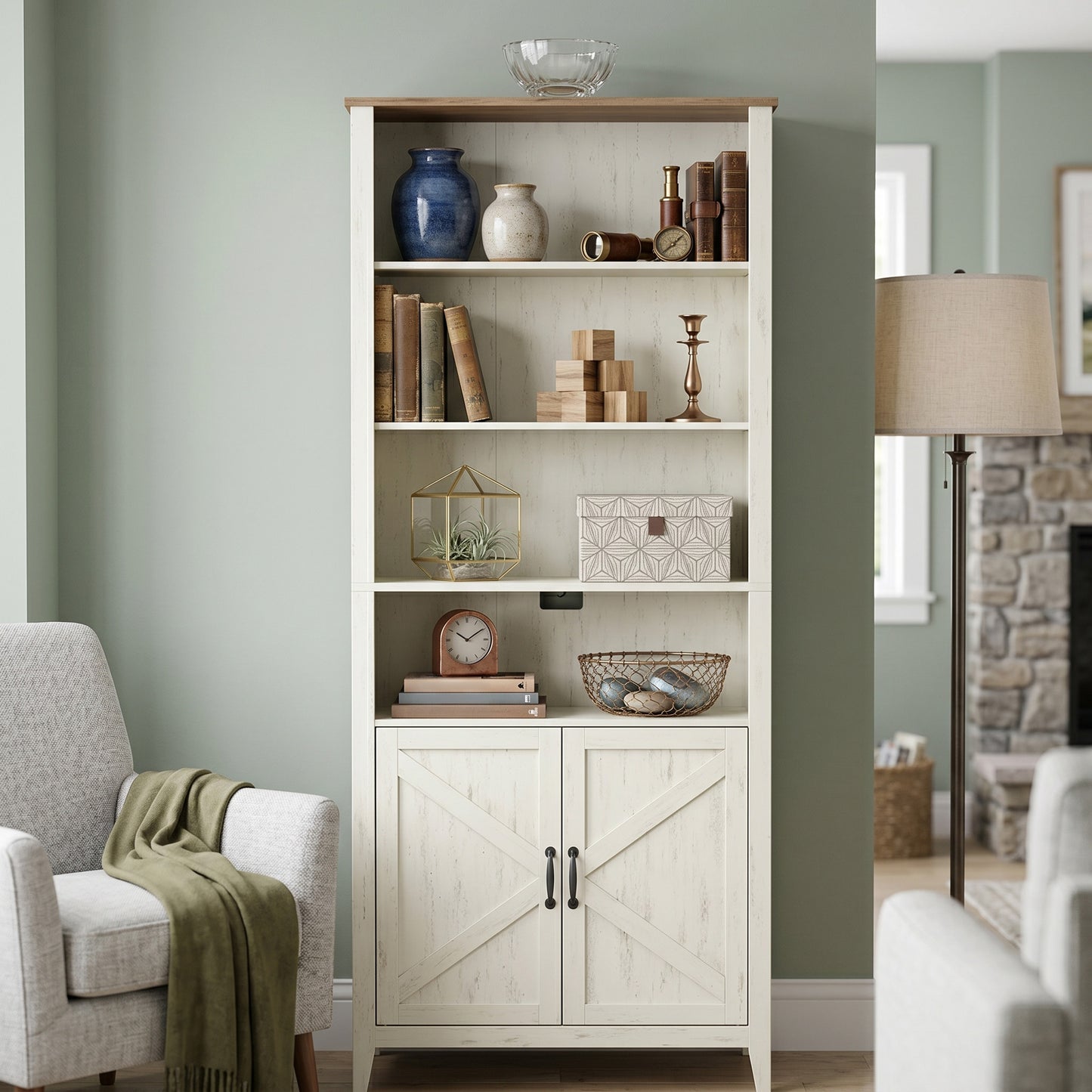 Farmhouse Tall Bookcase with Cabinet Doors and Open Shelves, 24.8 x 10 x 70.7 Inches, White
