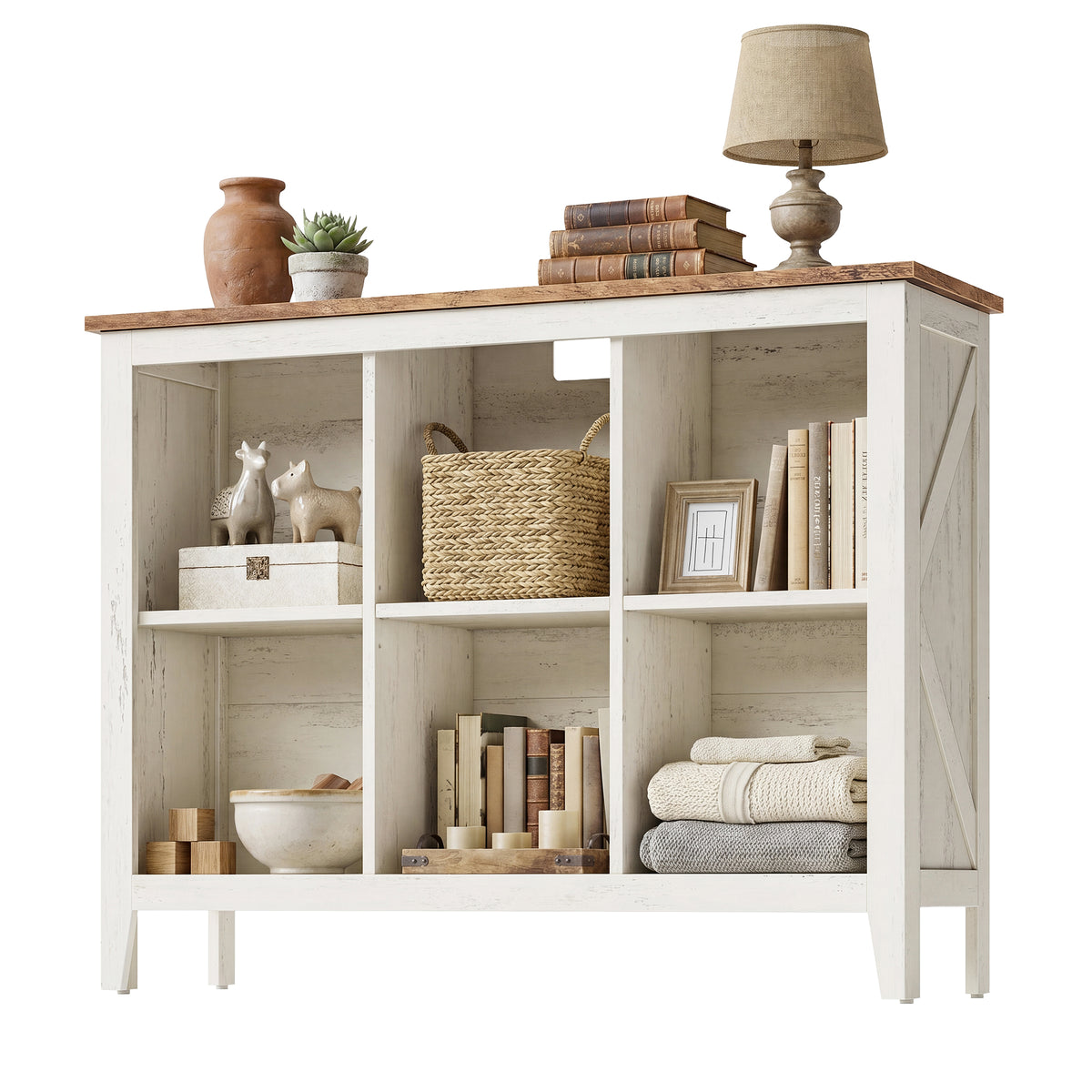 Farmhouse Tall Bookcase with Cabinet Doors and Open Shelves, 38.6 x 11.8 x 29.8 Inches, White and Tan