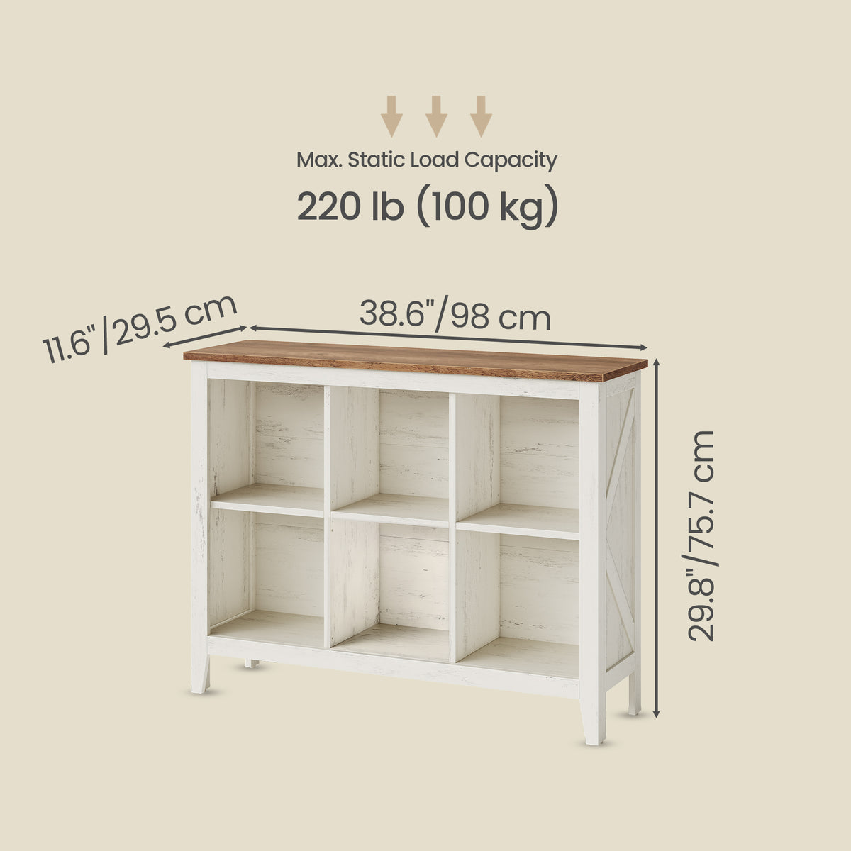 Farmhouse Tall Bookcase with Cabinet Doors and Open Shelves, 38.6 x 11.8 x 29.8 Inches, White and Tan