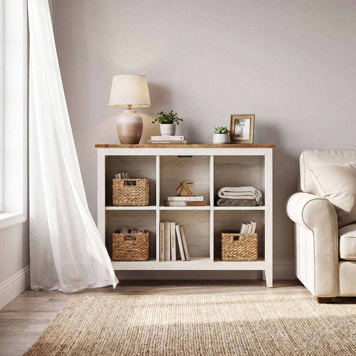 Farmhouse Tall Bookcase with Cabinet Doors and Open Shelves, 38.6 x 11.8 x 29.8 Inches, White and Tan