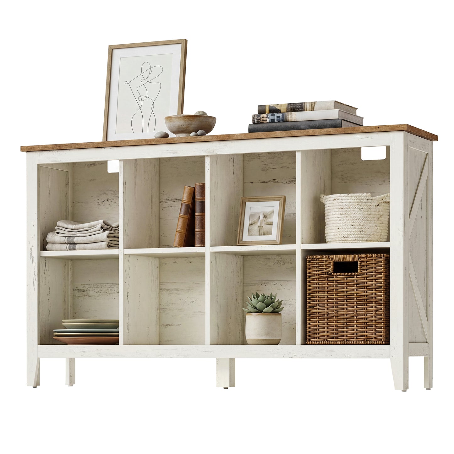 Farmhouse Tall Bookcase with Cabinet Doors and Open Shelves, 50.2 x 11.8 x 29.8 Inches, White