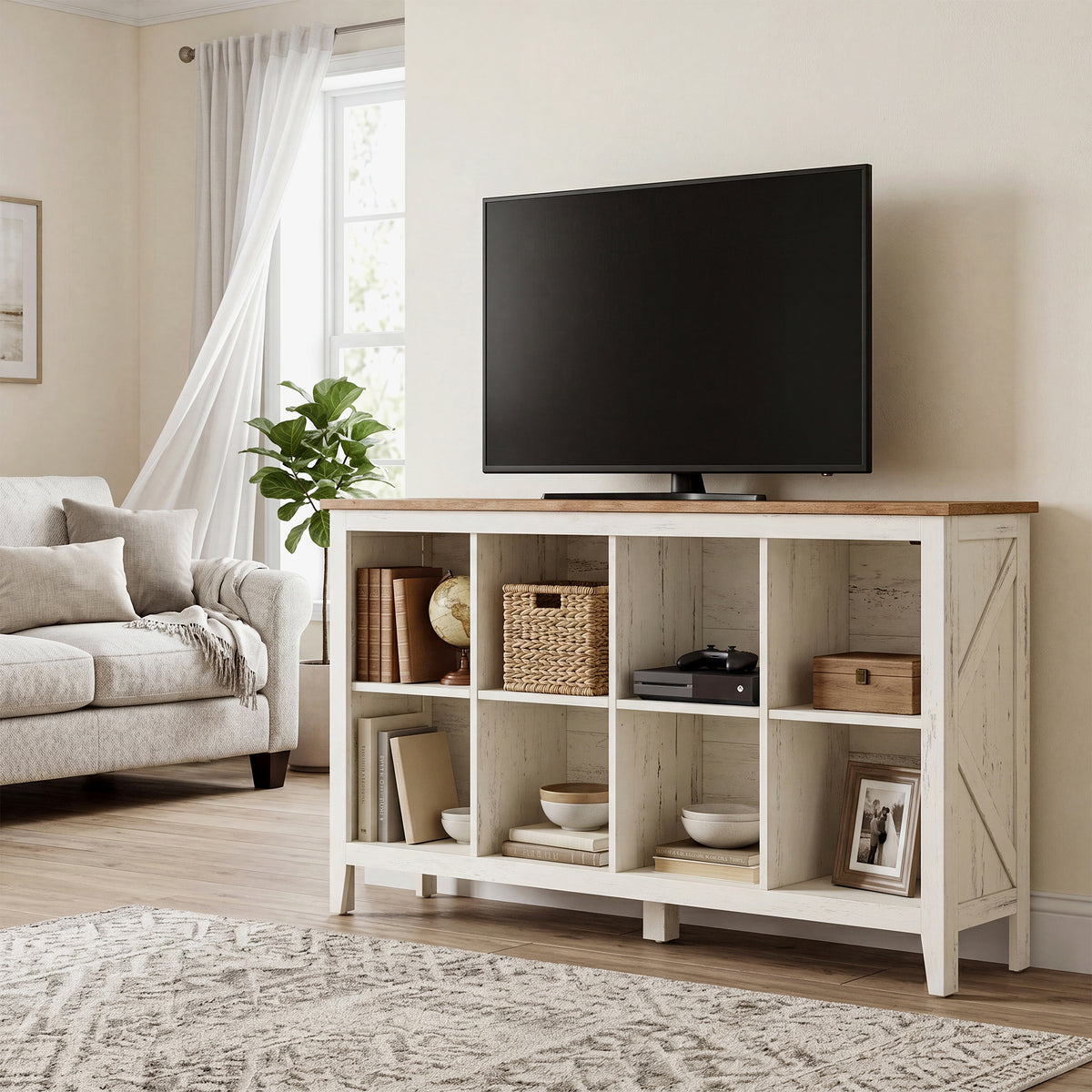 Farmhouse Tall Bookcase with Cabinet Doors and Open Shelves, 50.2 x 11.8 x 29.8 Inches, White