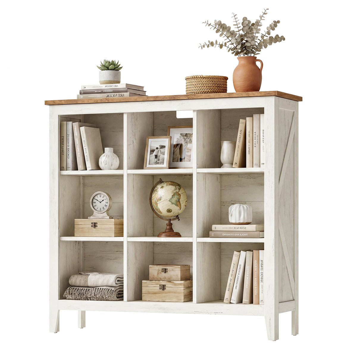 Farmhouse Tall Bookcase with Cabinet Doors and Open Shelves, 38.6 x 11.8 x 41.3 Inches, White and Tan