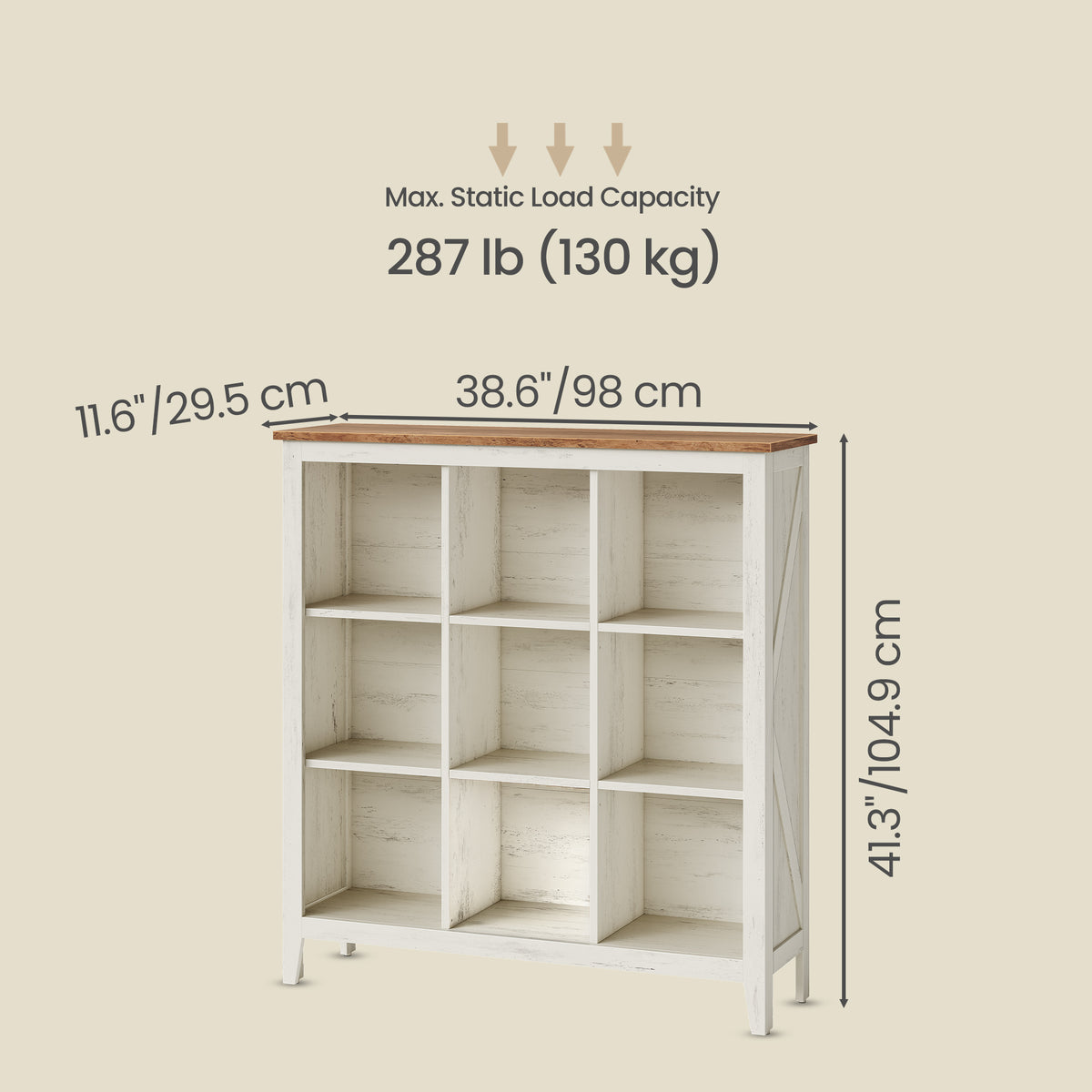 Farmhouse Tall Bookcase with Cabinet Doors and Open Shelves, 38.6 x 11.8 x 41.3 Inches, White and Tan