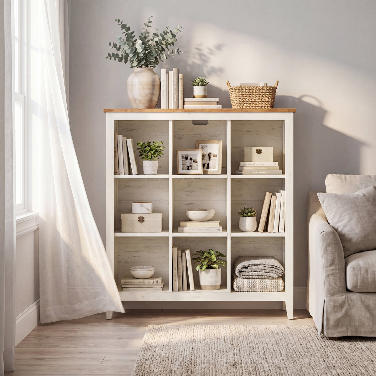 Farmhouse Tall Bookcase with Cabinet Doors and Open Shelves, 38.6 x 11.8 x 41.3 Inches, White and Tan