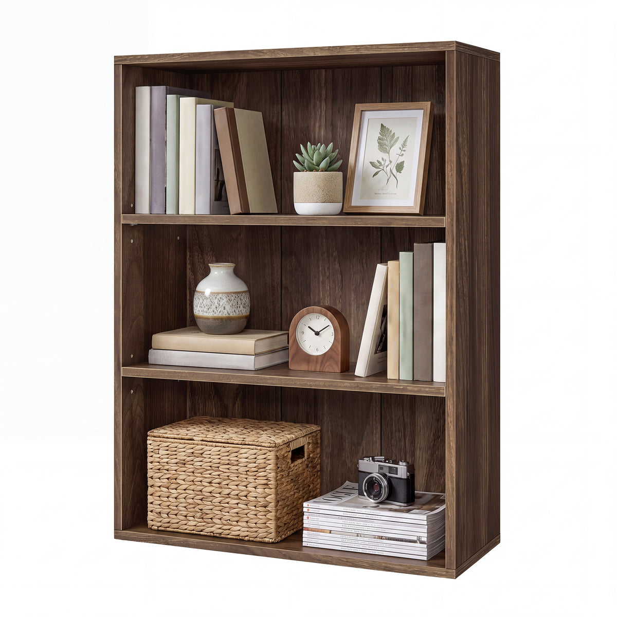 LEDREM 3-Tier Bookcase, Bookshelf with Adjustable Storage Shelves, Open Shelving, Columbia Walnut