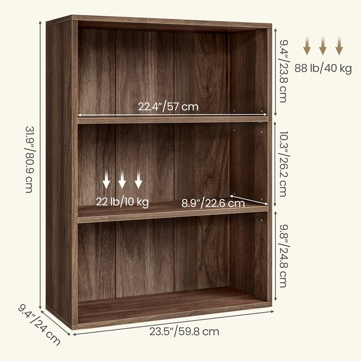 LEDREM 3-Tier Bookcase, Bookshelf with Adjustable Storage Shelves, Open Shelving, Columbia Walnut