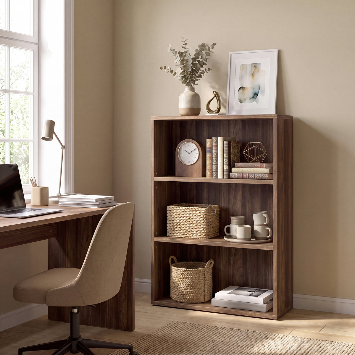 LEDREM 3-Tier Bookcase, Bookshelf with Adjustable Storage Shelves, Open Shelving, Columbia Walnut