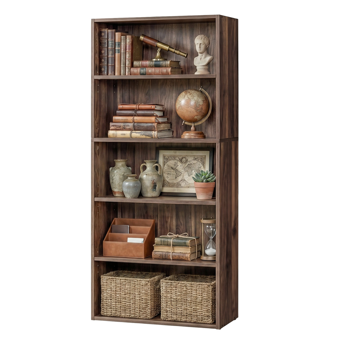 LEDREM 5-Tier Bookcase, Open Storage Shelf, Tall Book Shelf for Home Office, Living Room, Dining Room, Tan