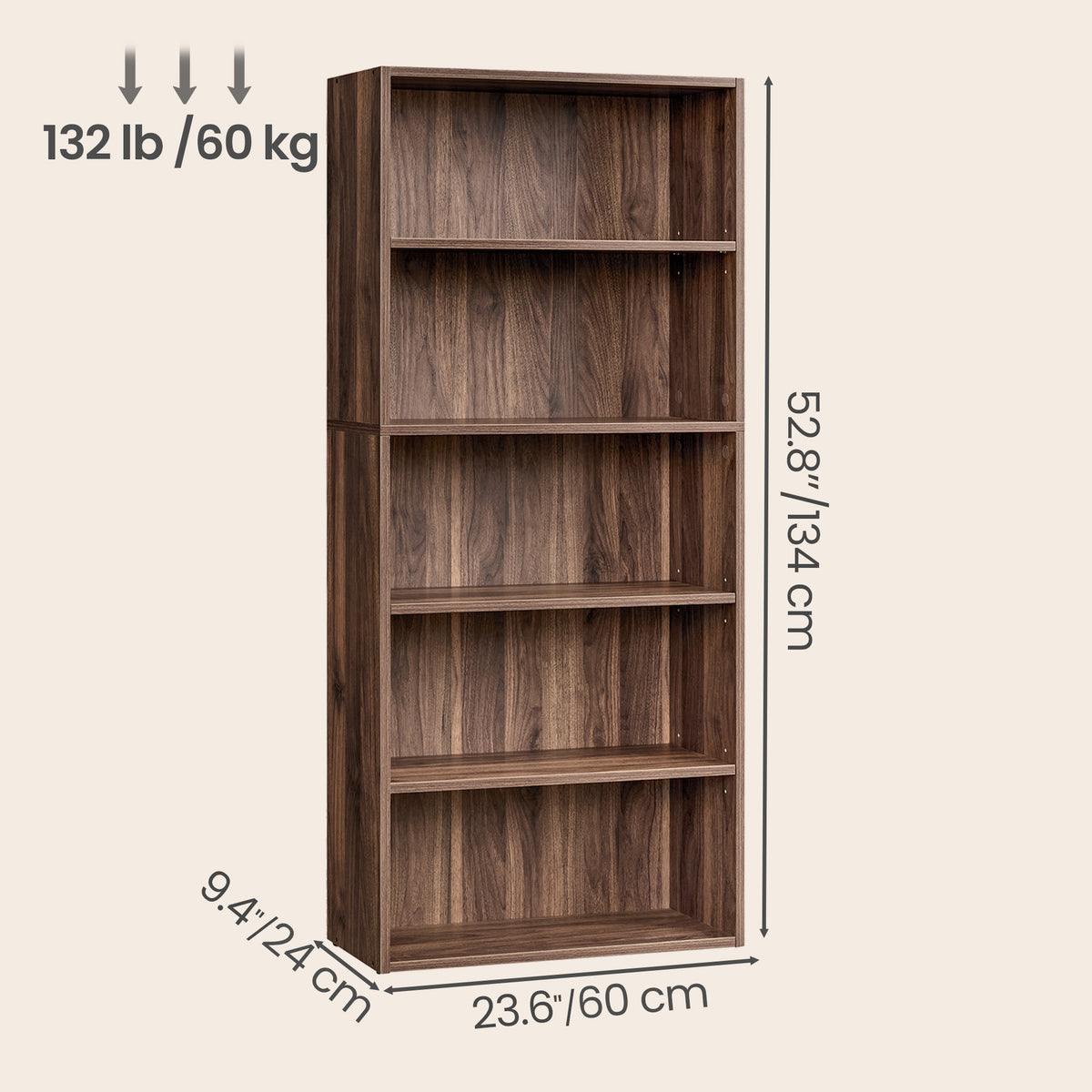 LEDREM 5-Tier Bookcase, Open Storage Shelf, Tall Book Shelf for Home Office, Living Room, Dining Room, Tan