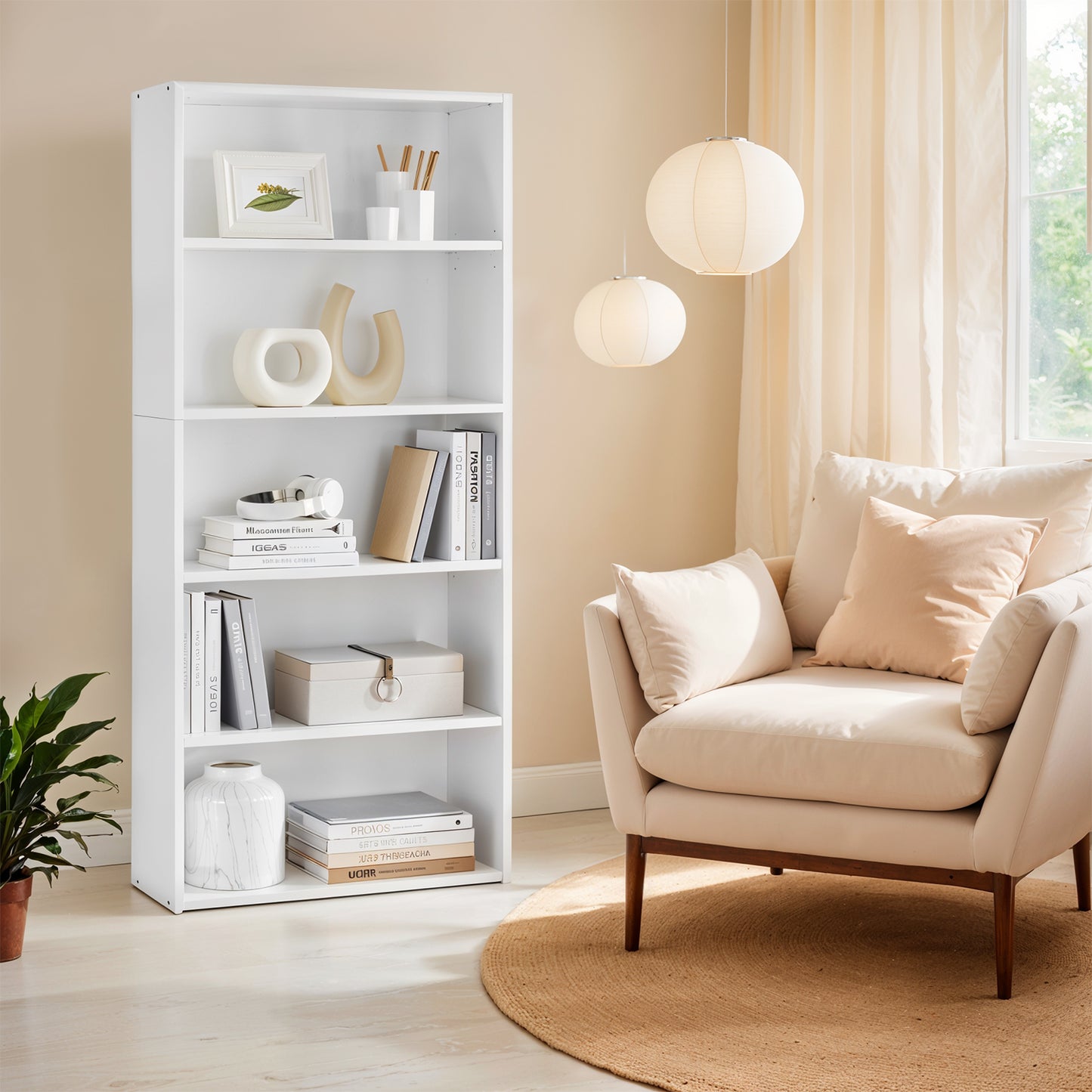 5-Tier Bookcase, Adjustable Open Shelf Storage Unit, 23.6" Wide for Books & Decor, Easy Assembly, Cloud White