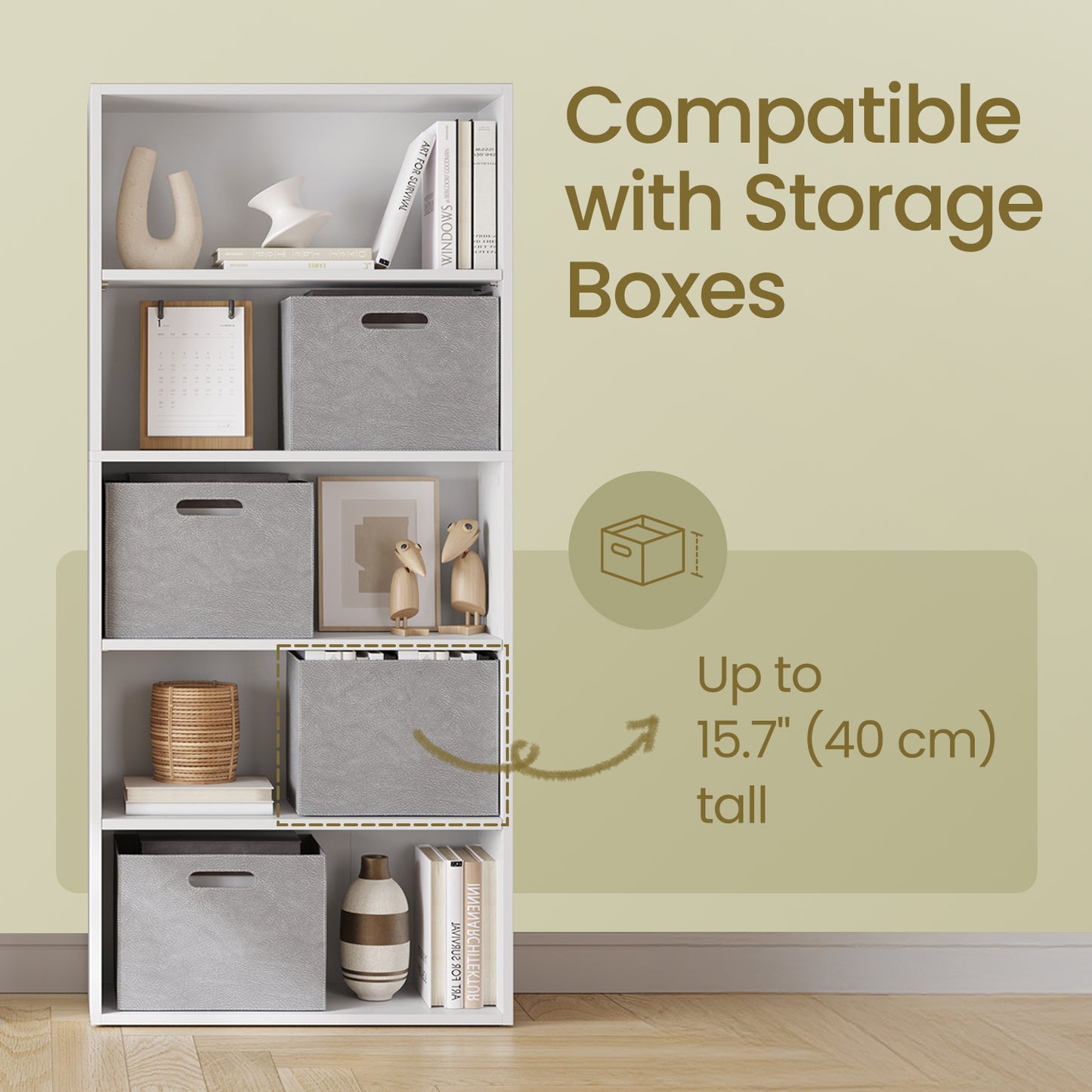 5-Tier Bookcase, Adjustable Open Shelf Storage Unit, 23.6" Wide for Books & Decor, Easy Assembly, Cloud White