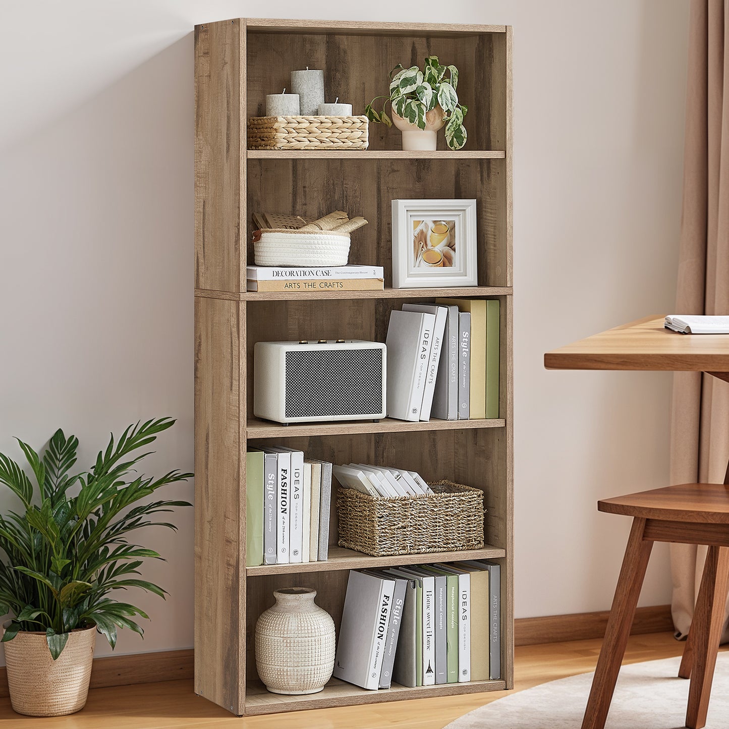 5-Tier Bookcase, Adjustable Open Shelf, 23.6" Wide Storage Unit for Books, Decor, Easy Assembly, Camel Brown