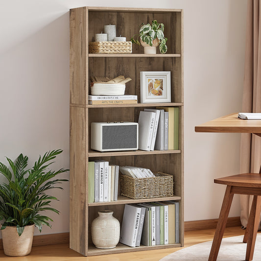 5-Tier Bookcase, Adjustable Open Shelf, 23.6" Wide Storage Unit for Books, Decor, Easy Assembly, Camel Brown