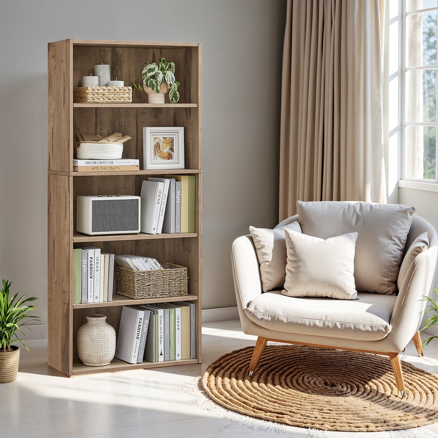 5-Tier Bookcase, Adjustable Open Shelf, 23.6" Wide Storage Unit for Books, Decor, Easy Assembly, Camel Brown