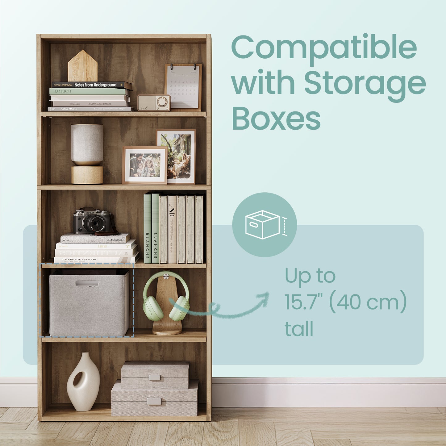 5-Tier Bookcase, Adjustable Open Shelf, 23.6" Wide Storage Unit for Books, Decor, Easy Assembly, Camel Brown