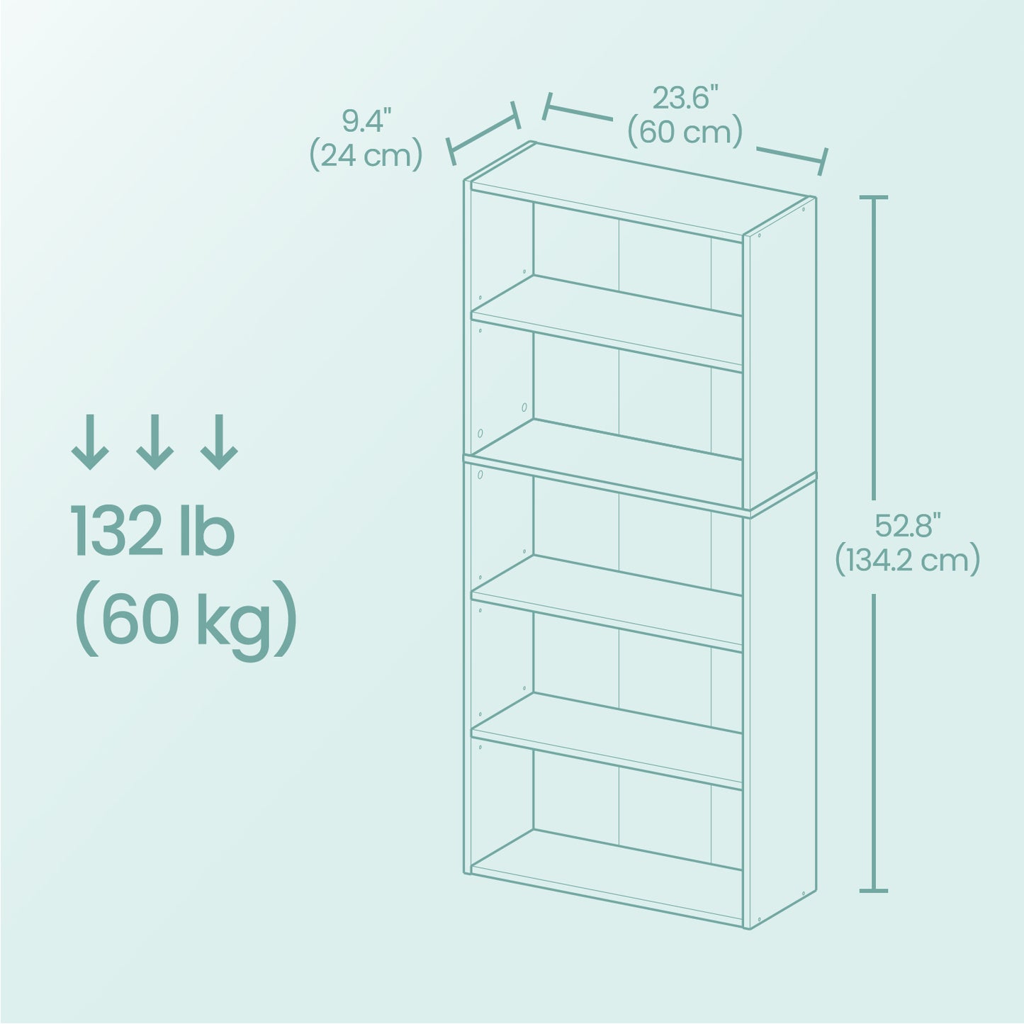 5-Tier Bookcase, Adjustable Open Shelf, 23.6" Wide Storage Unit for Books, Decor, Easy Assembly, Camel Brown