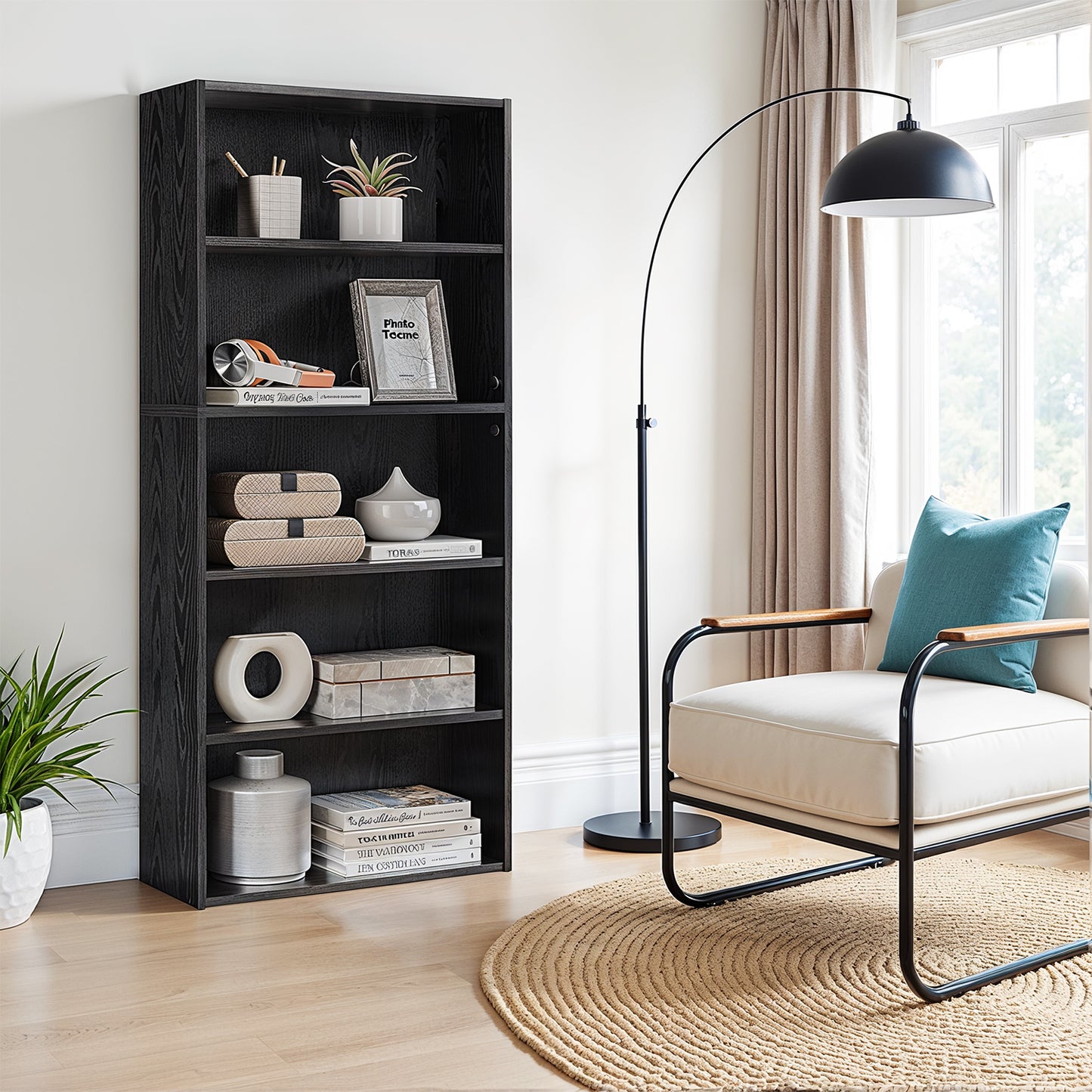 CUSTOS Collection 5-Tier Modern Bookcase, Adjustable Open Shelf Storage Unit for Living Room, Office, Tool-Free Assembly, Ebony Black