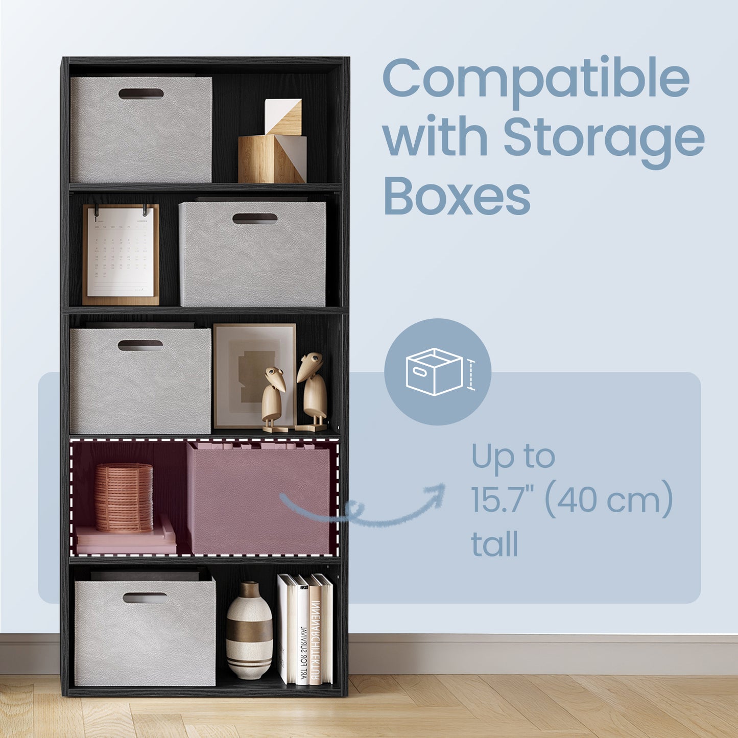 CUSTOS Collection 5-Tier Modern Bookcase, Adjustable Open Shelf Storage Unit for Living Room, Office, Tool-Free Assembly, Ebony Black