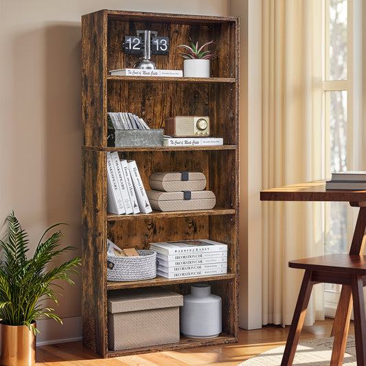 5-Tier Adjustable Bookcase, Open Shelf Storage Unit for Living Room, Office, Tool-Free Assembly, Rustic Brown