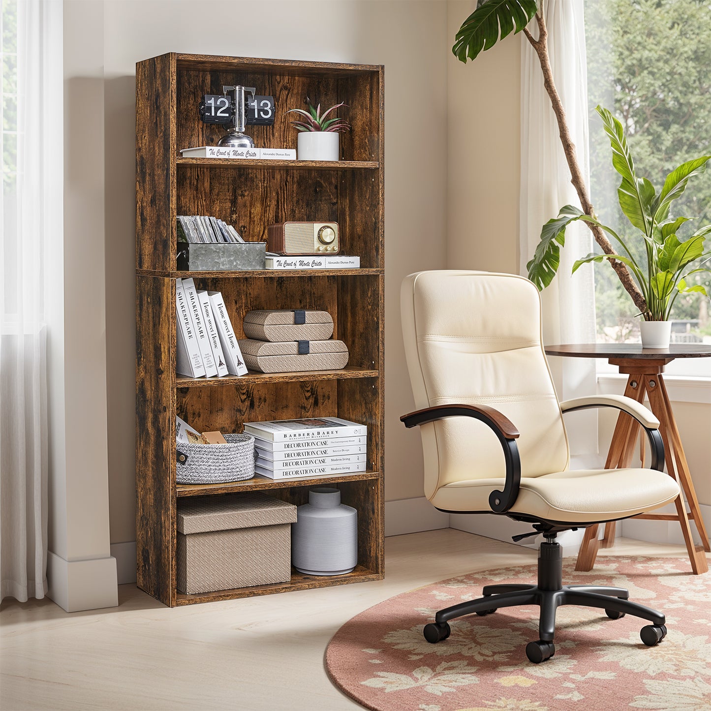 5-Tier Adjustable Bookcase, Open Shelf Storage Unit for Living Room, Office, Tool-Free Assembly, Rustic Brown