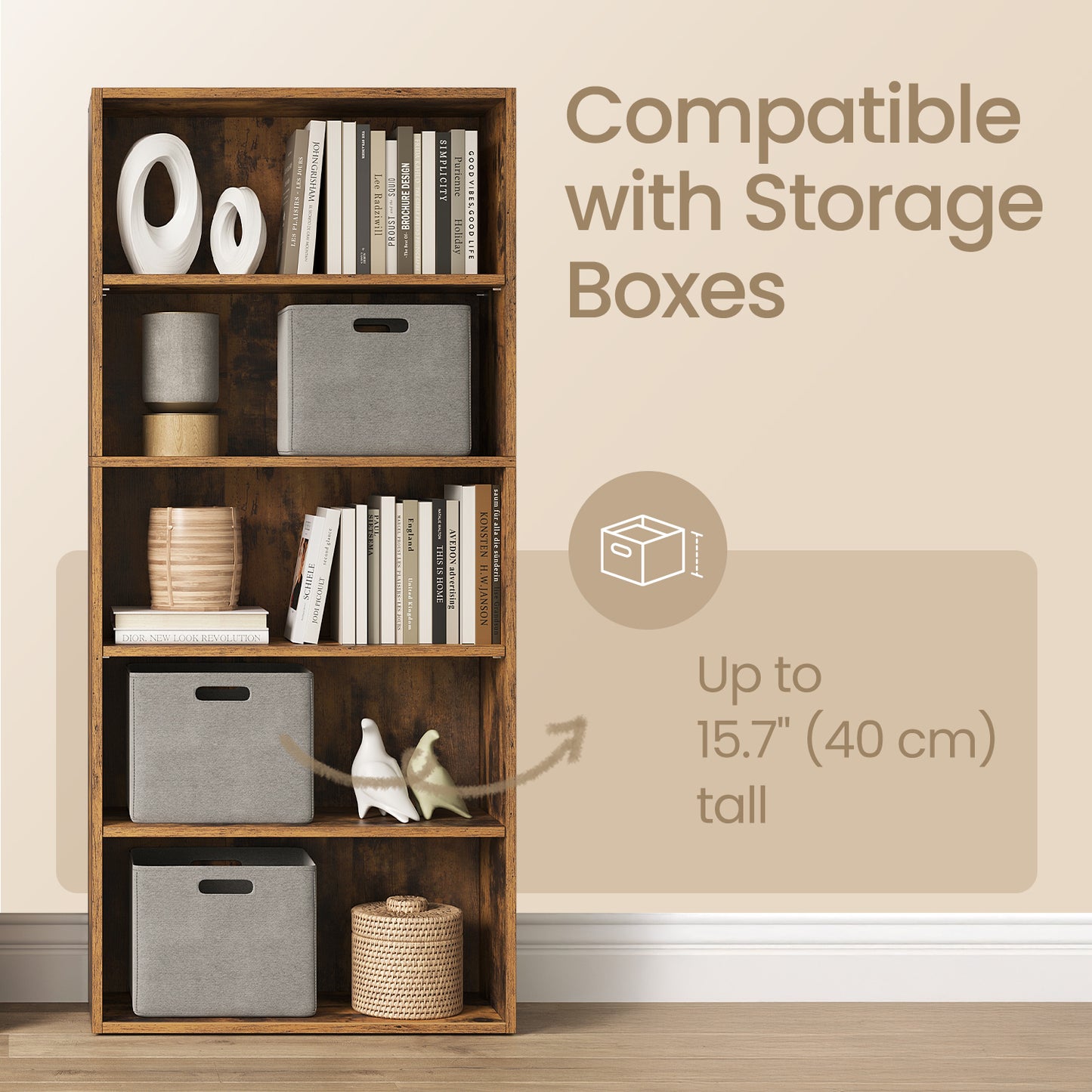 5-Tier Adjustable Bookcase, Open Shelf Storage Unit for Living Room, Office, Tool-Free Assembly, Rustic Brown