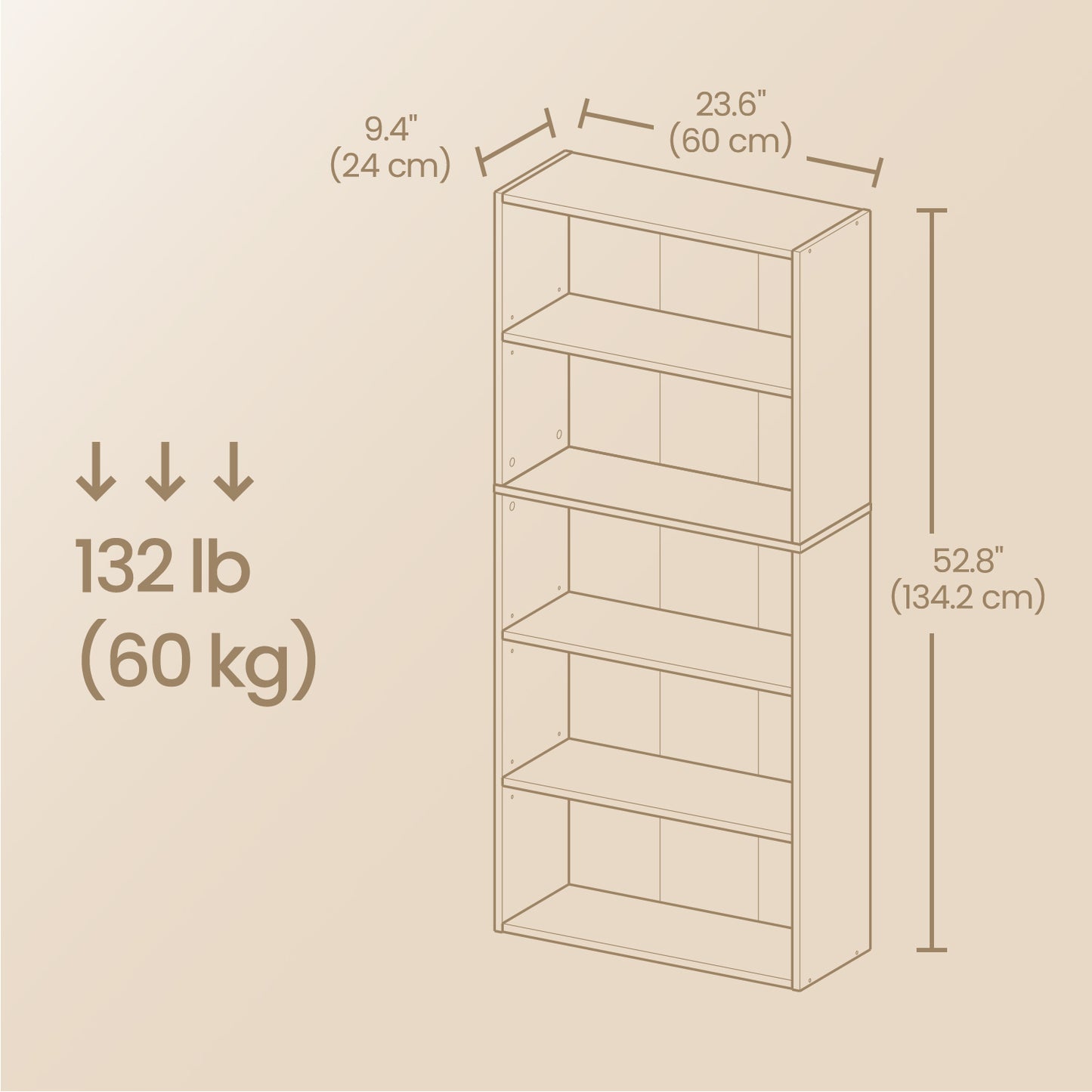 5-Tier Adjustable Bookcase, Open Shelf Storage Unit for Living Room, Office, Tool-Free Assembly, Rustic Brown