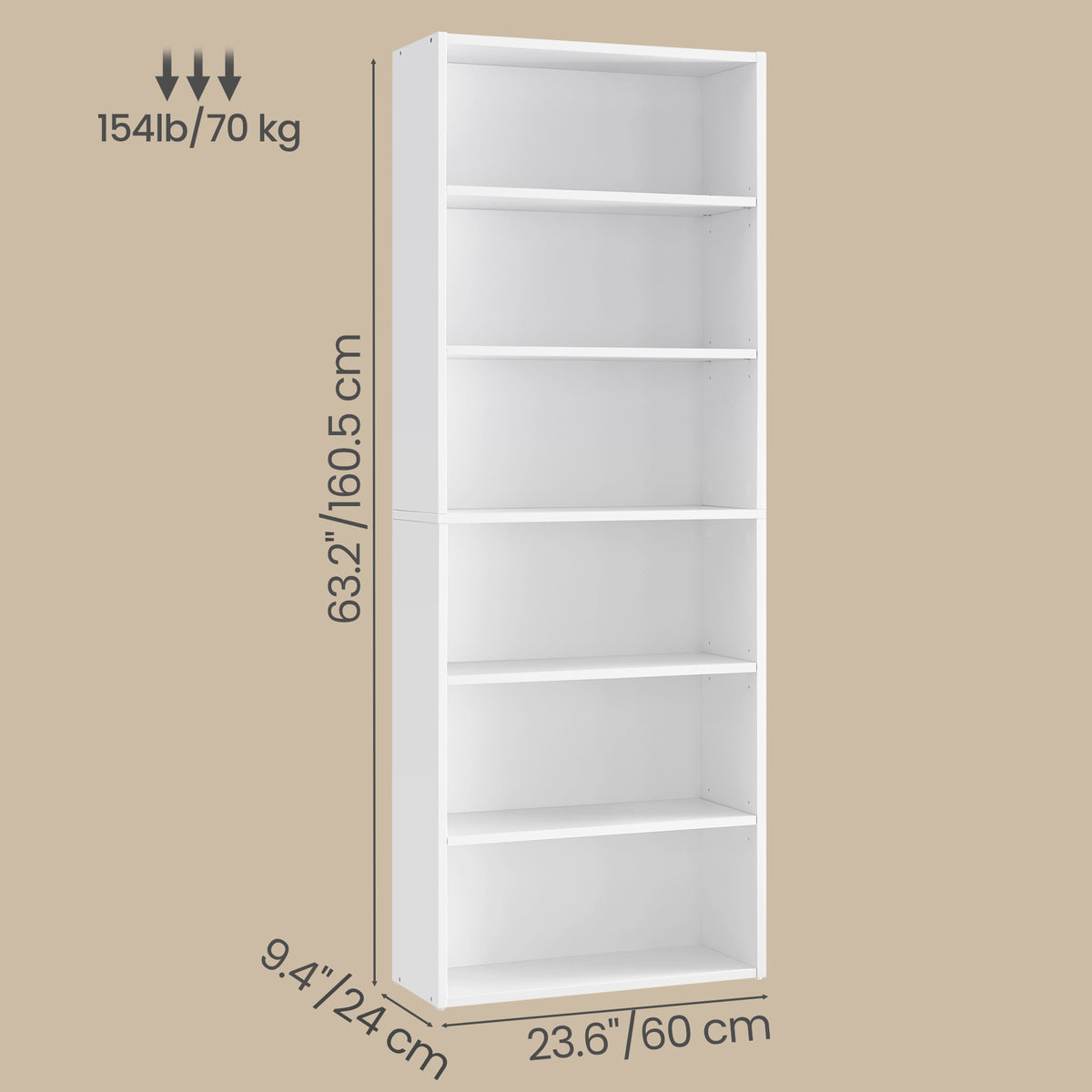 LEDREM 6-Tier Bookcase, Open Storage Shelf, Tall Book Shelf for Home Office, Living Room, Dining Room, White