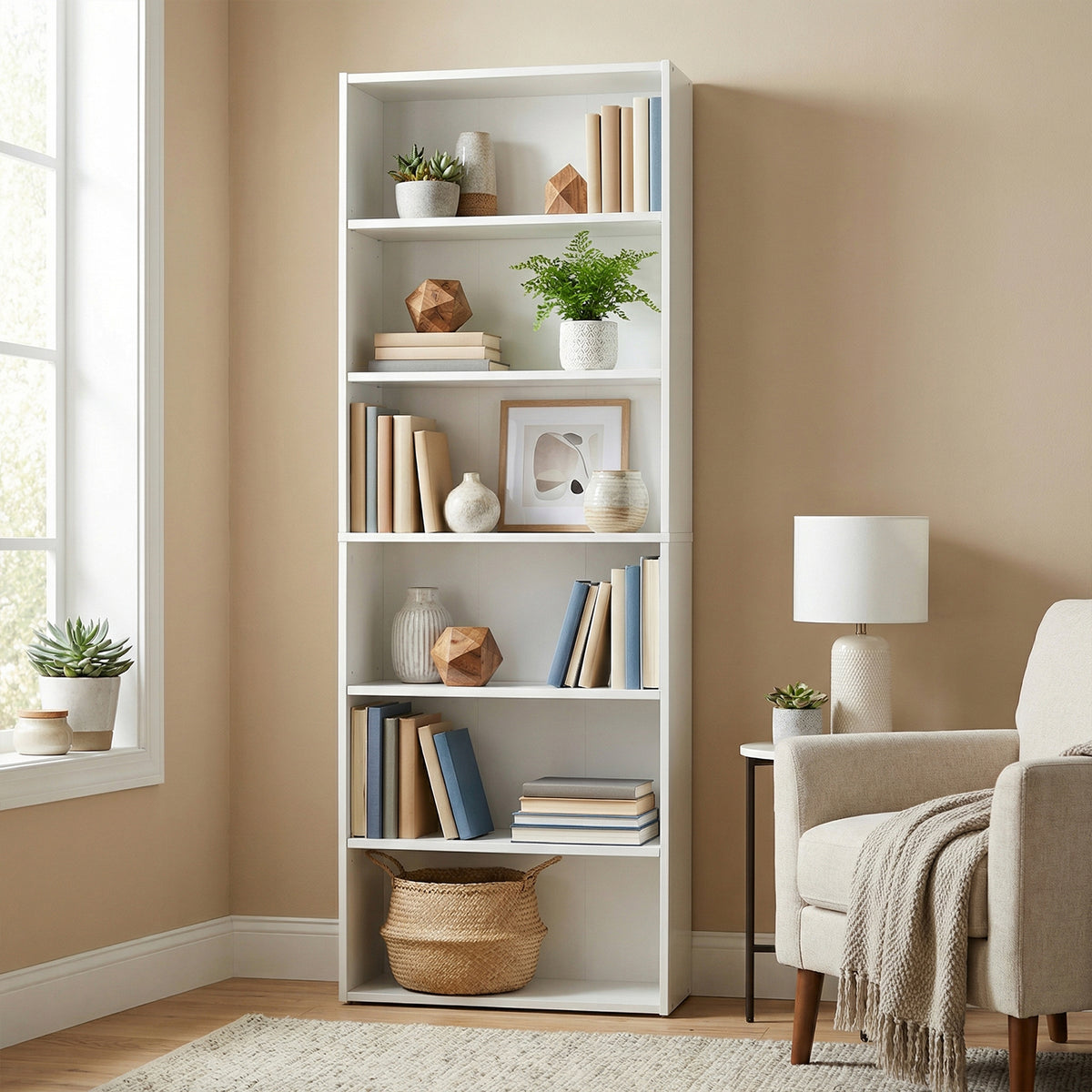 LEDREM 6-Tier Bookcase, Open Storage Shelf, Tall Book Shelf for Home Office, Living Room, Dining Room, White