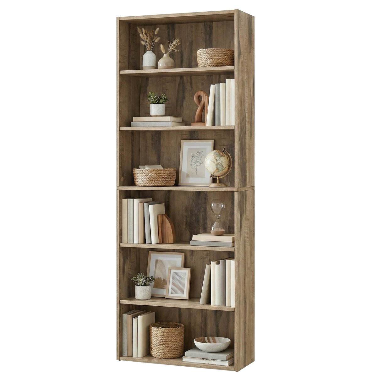 LEDREM 6-Tier Storage Shelf, Open Bookcase, Display Bookshelf for Home Office, Living Room, Dining Room, Brown