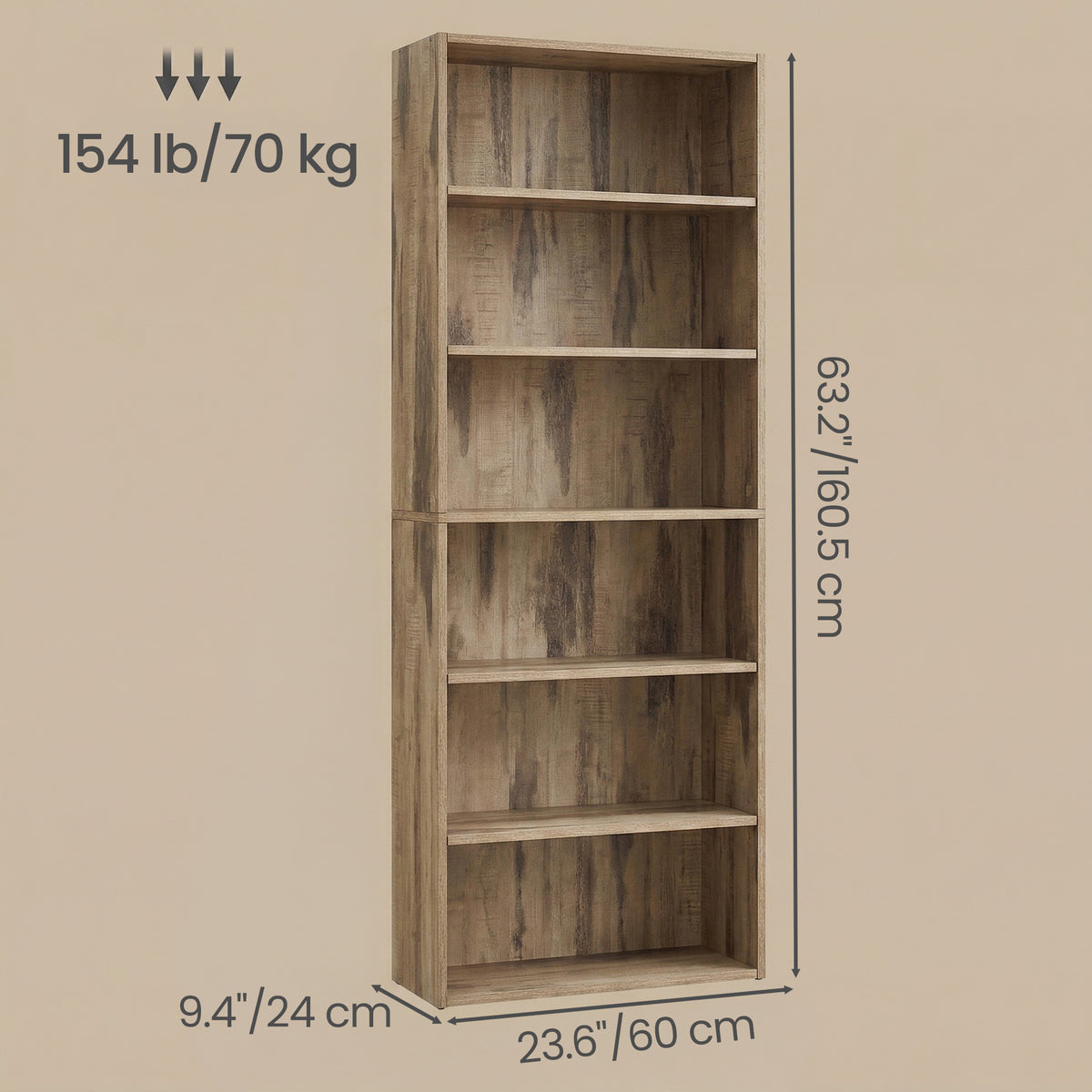LEDREM 6-Tier Storage Shelf, Open Bookcase, Display Bookshelf for Home Office, Living Room, Dining Room, Brown