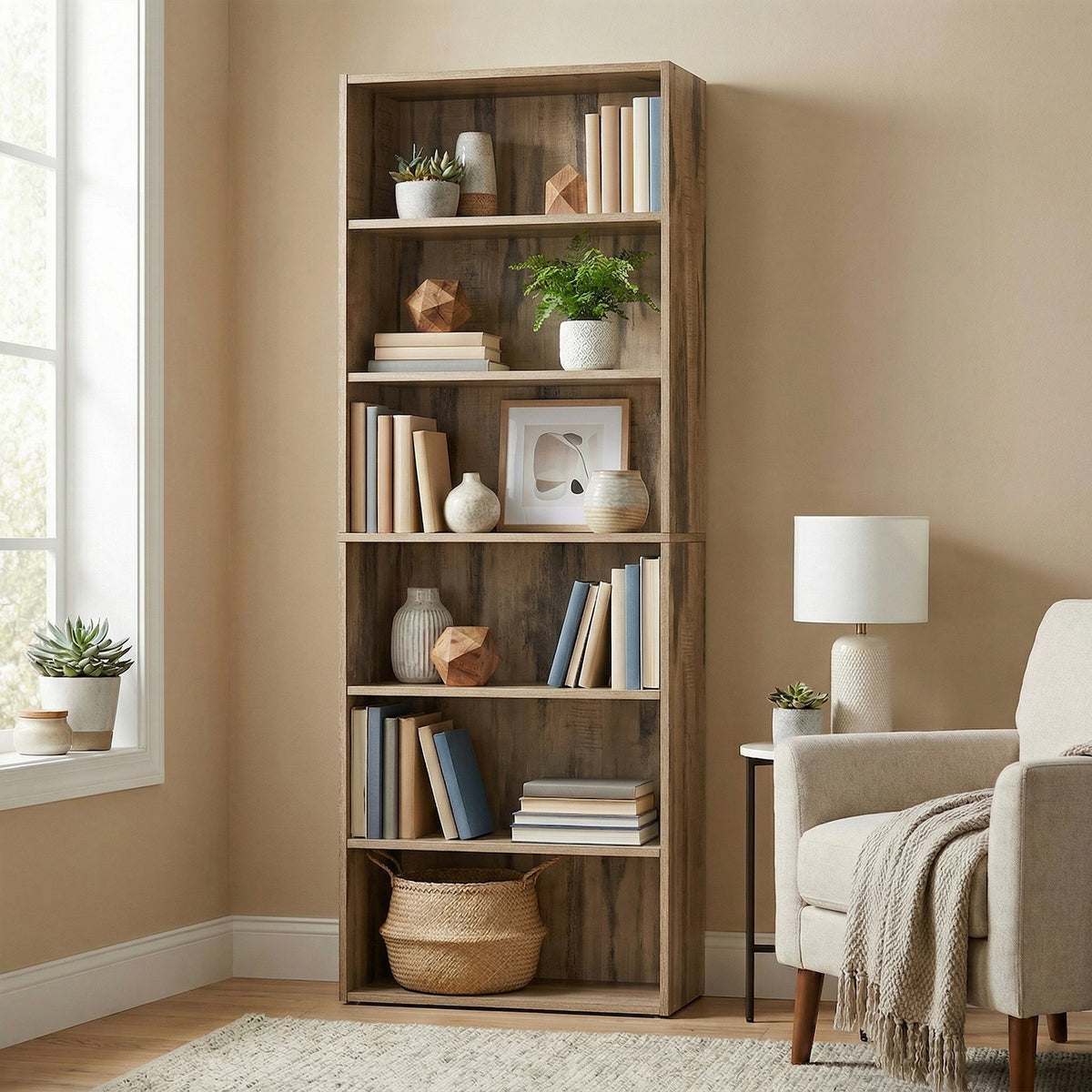 LEDREM 6-Tier Storage Shelf, Open Bookcase, Display Bookshelf for Home Office, Living Room, Dining Room, Brown