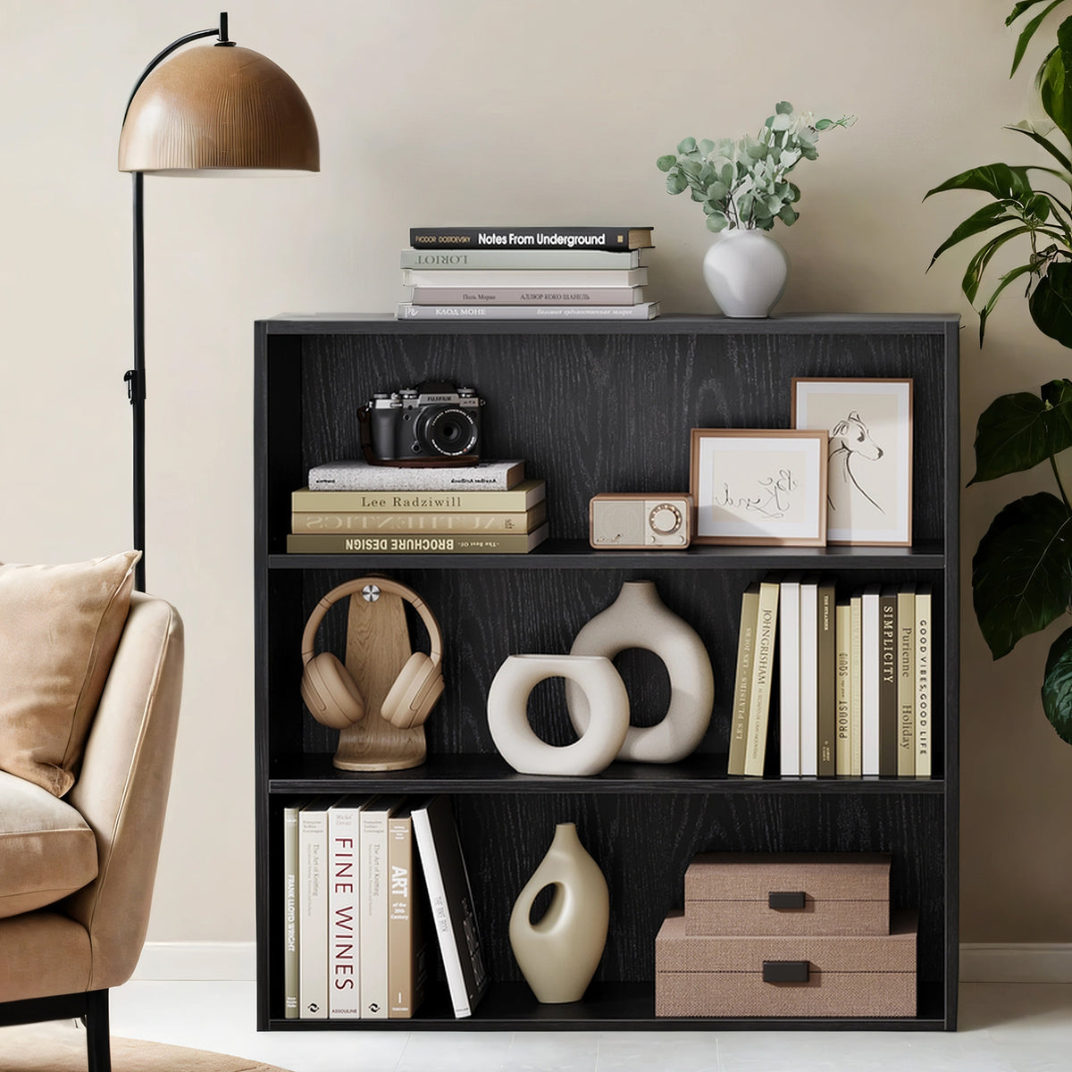 LEDREM 3-Tier Bookcase, Bookshelf with Adjustable Storage Shelves, Open Shelving, Ebony Black