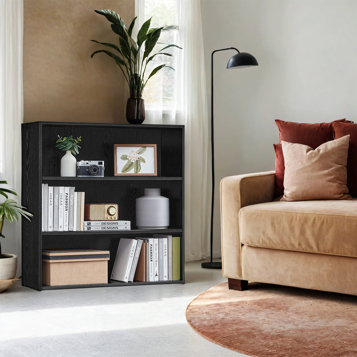 LEDREM 3-Tier Bookcase, Bookshelf with Adjustable Storage Shelves, Open Shelving, Ebony Black