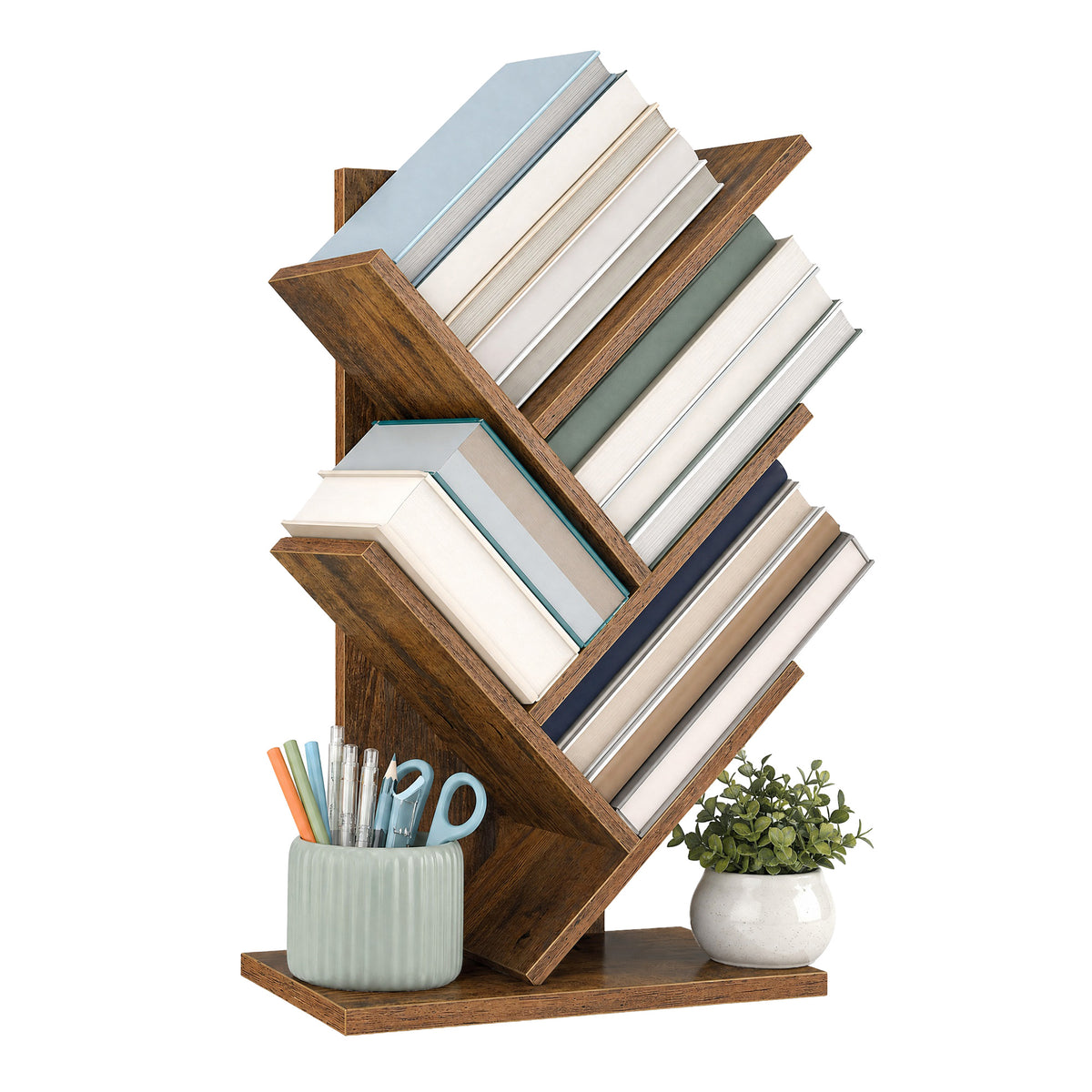 LEDREM 5-Tier Bookcase, Space-Saving Corner Shelf, Floor Standing Bookshelf for Home Office, Bedroom, Living Room, Tan
