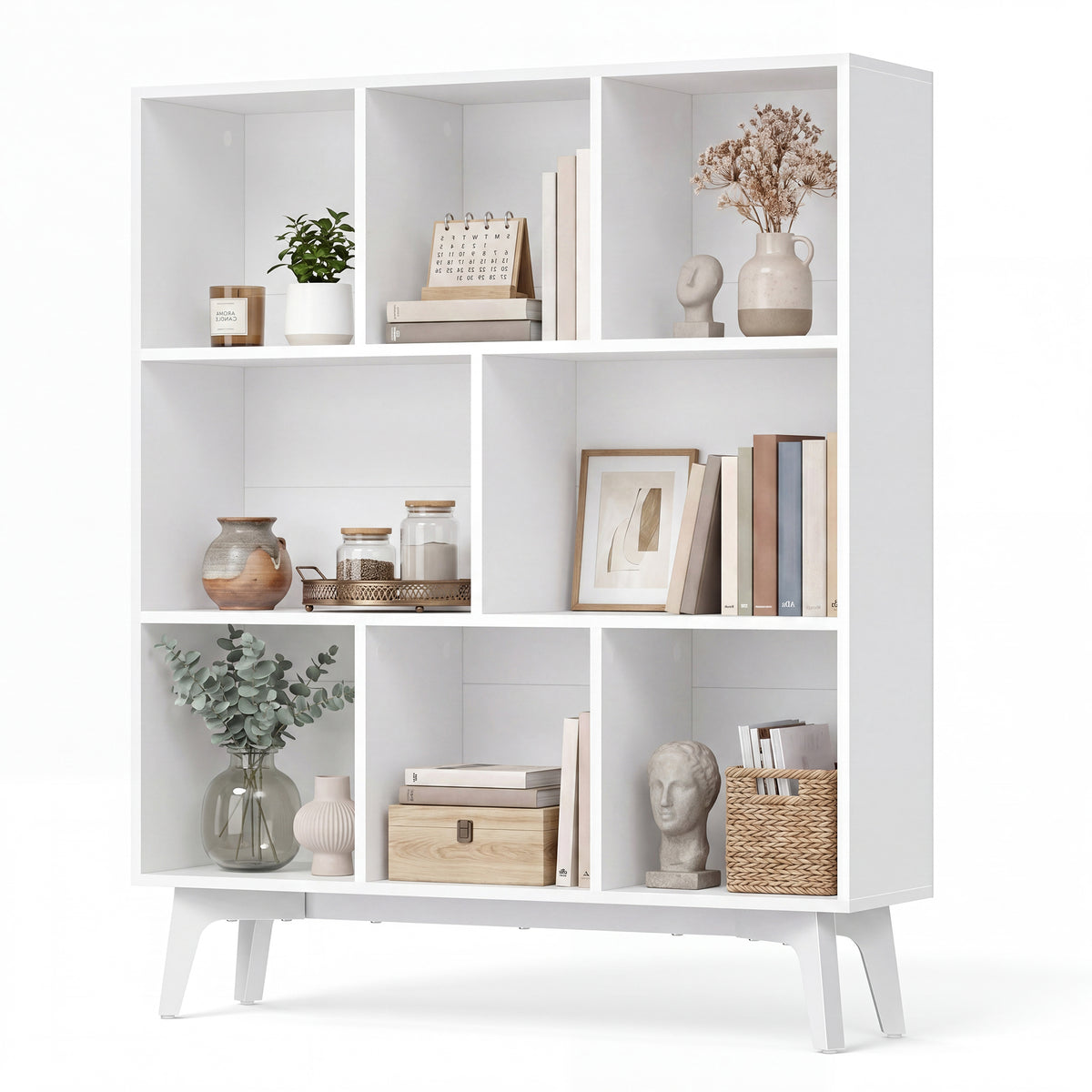 Modern Cube Bookshelf, 8-Compartment Storage Shelf with Large & Small Cubes, for Living Room, Office, Bedroom, Freestanding, Cloud White