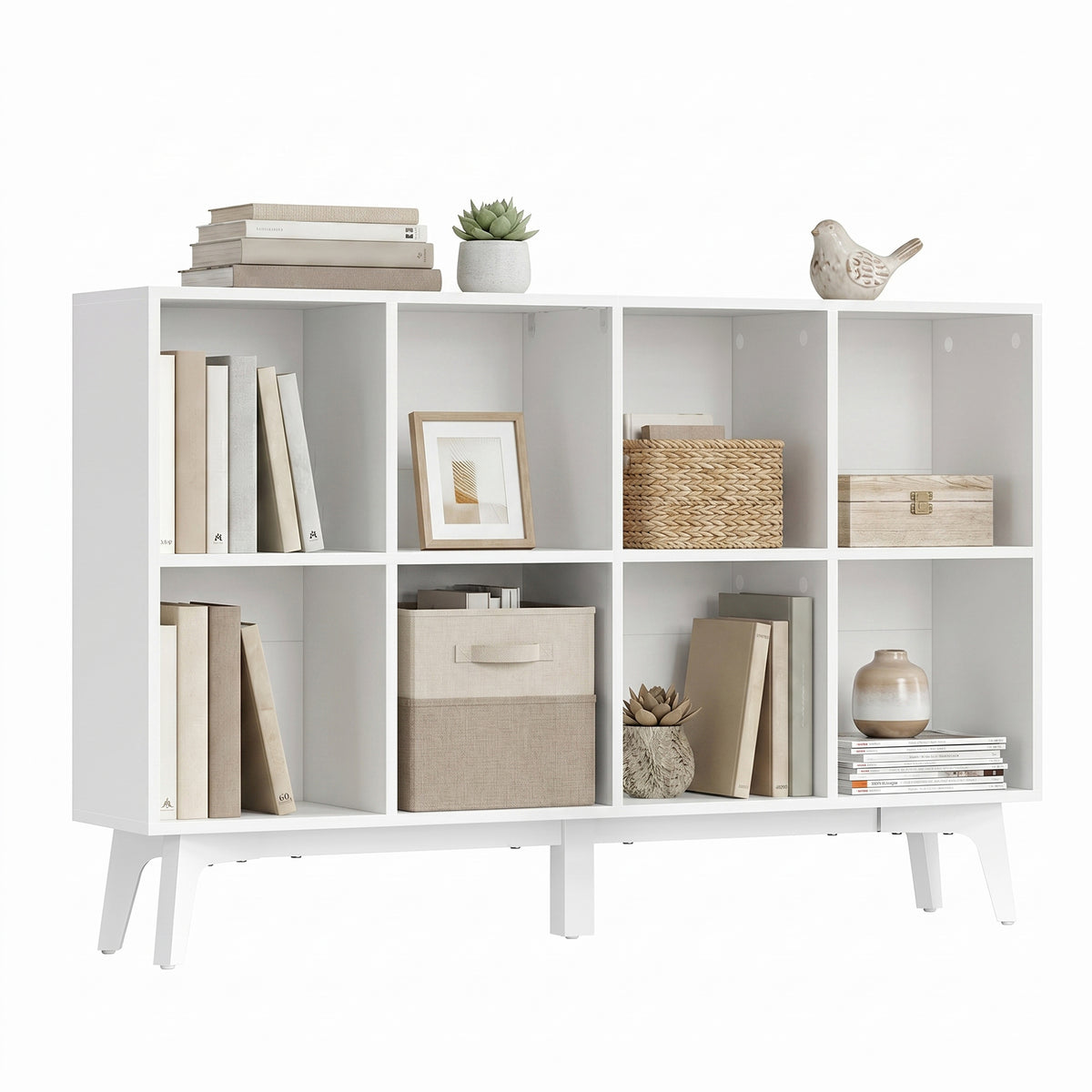 Mid-Century Cube Bookshelf, 8-Compartment Storage Shelf with 2 Large & 6 Small Cubes, for Living Room or Office, Freestanding, Honey Brown