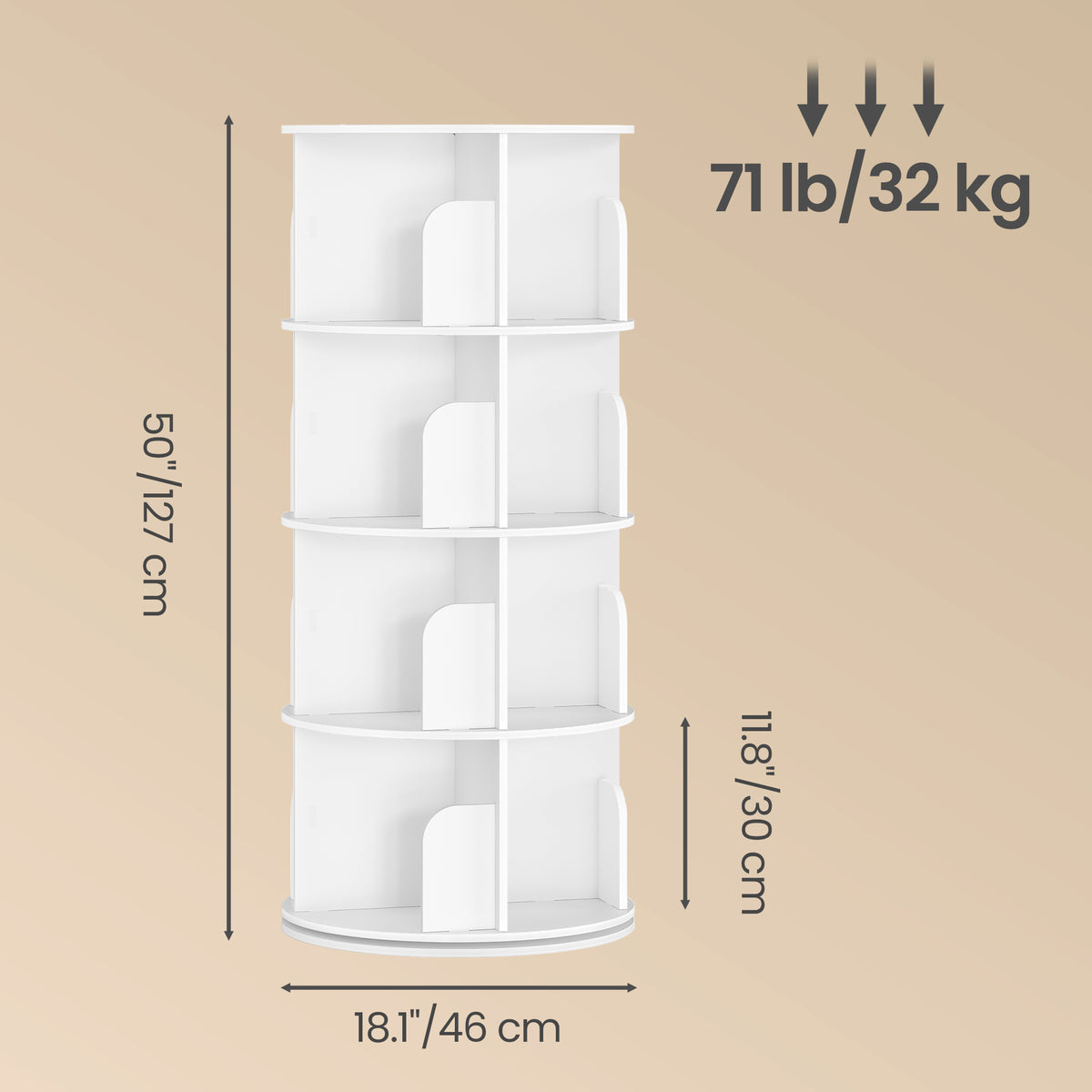 Bookshelf, 360° Rotating 4-Tier Tall Narrow Bookcase, Space Saving, 18.1 x 18.1 x 50 Inches, White