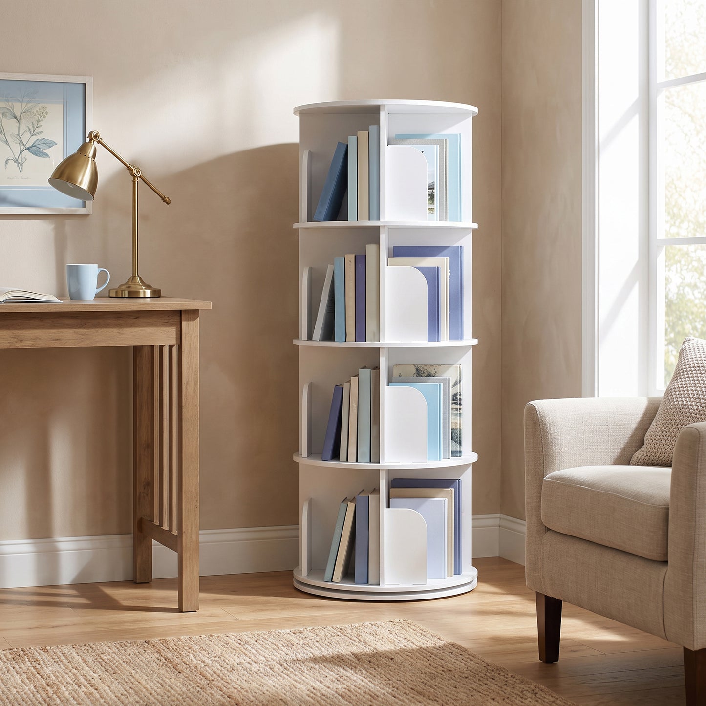 Bookshelf, 360° Rotating 4-Tier Tall Narrow Bookcase, Space Saving, 18.1 x 18.1 x 50 Inches, White