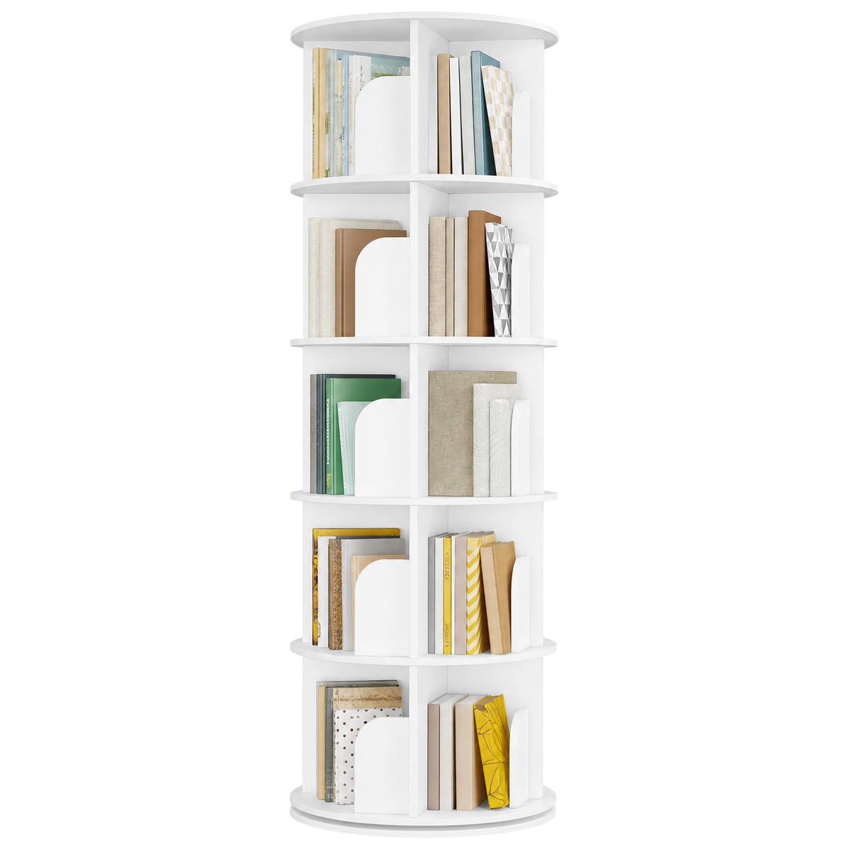 5-Tier Rotating Bookshelf, 360° Display Storage Rack with Bookends, 4 Compartments per Tier, Space-Saving Organizer for Living Room, Study, Bedroom, White