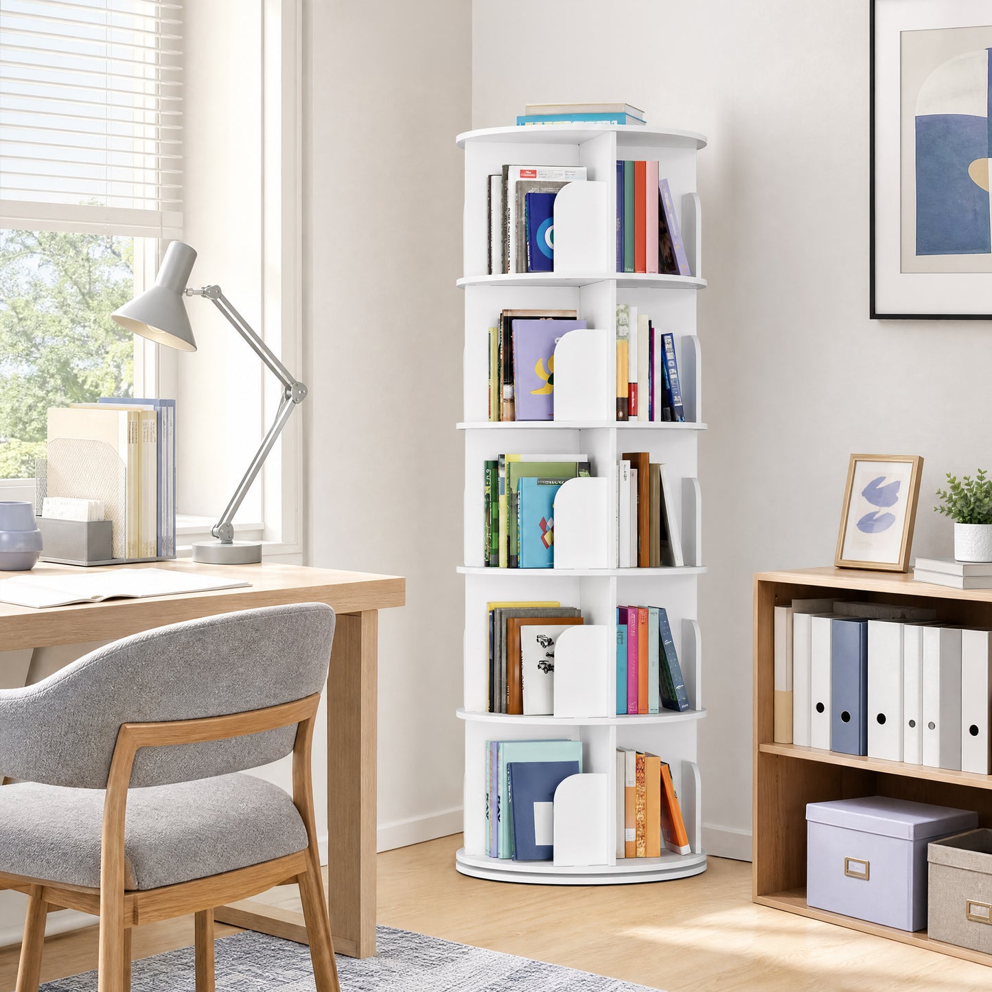 5-Tier Rotating Bookshelf, 360° Display Storage Rack with Bookends, 4 Compartments per Tier, Space-Saving Organizer for Living Room, Study, Bedroom, White