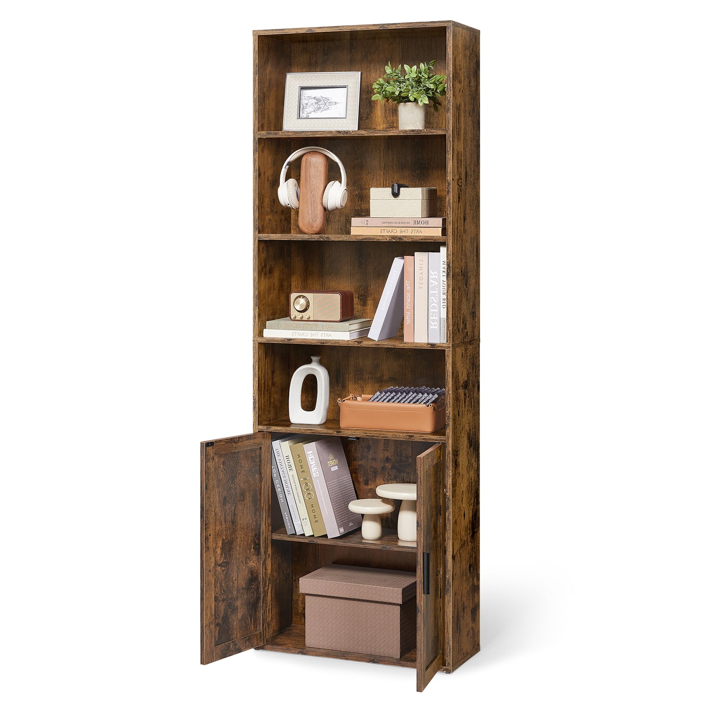 6-Tier Tall Bookshelf with Doors and Open Shelves, Adjustable Storage Bookcase for Living Room Home Office Dining Room, Rustic Brown