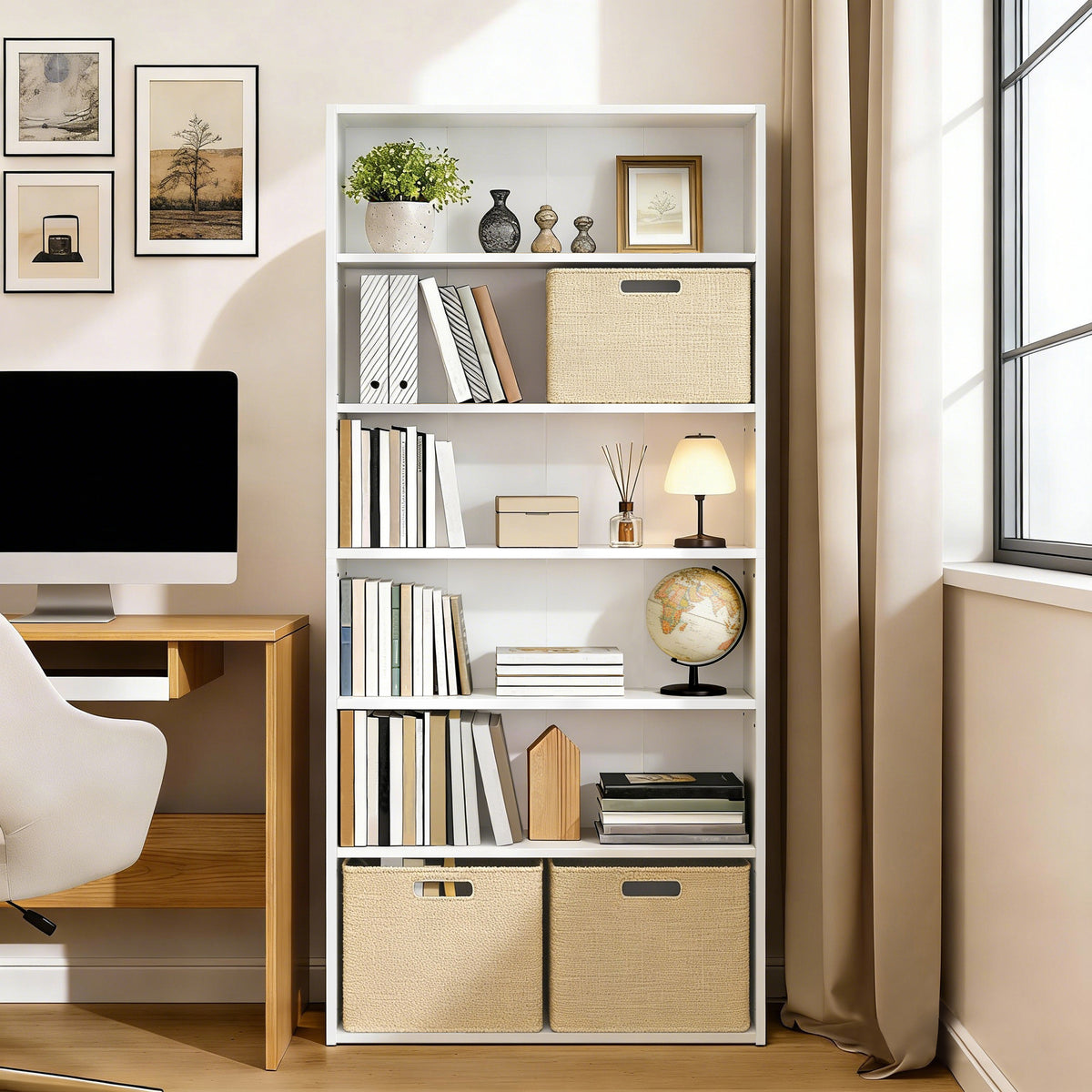 LEDREM 6-Tier Bookcase, Open Storage Shelf, Tall Book Shelf for Home Office, Living Room, Dining Room, White