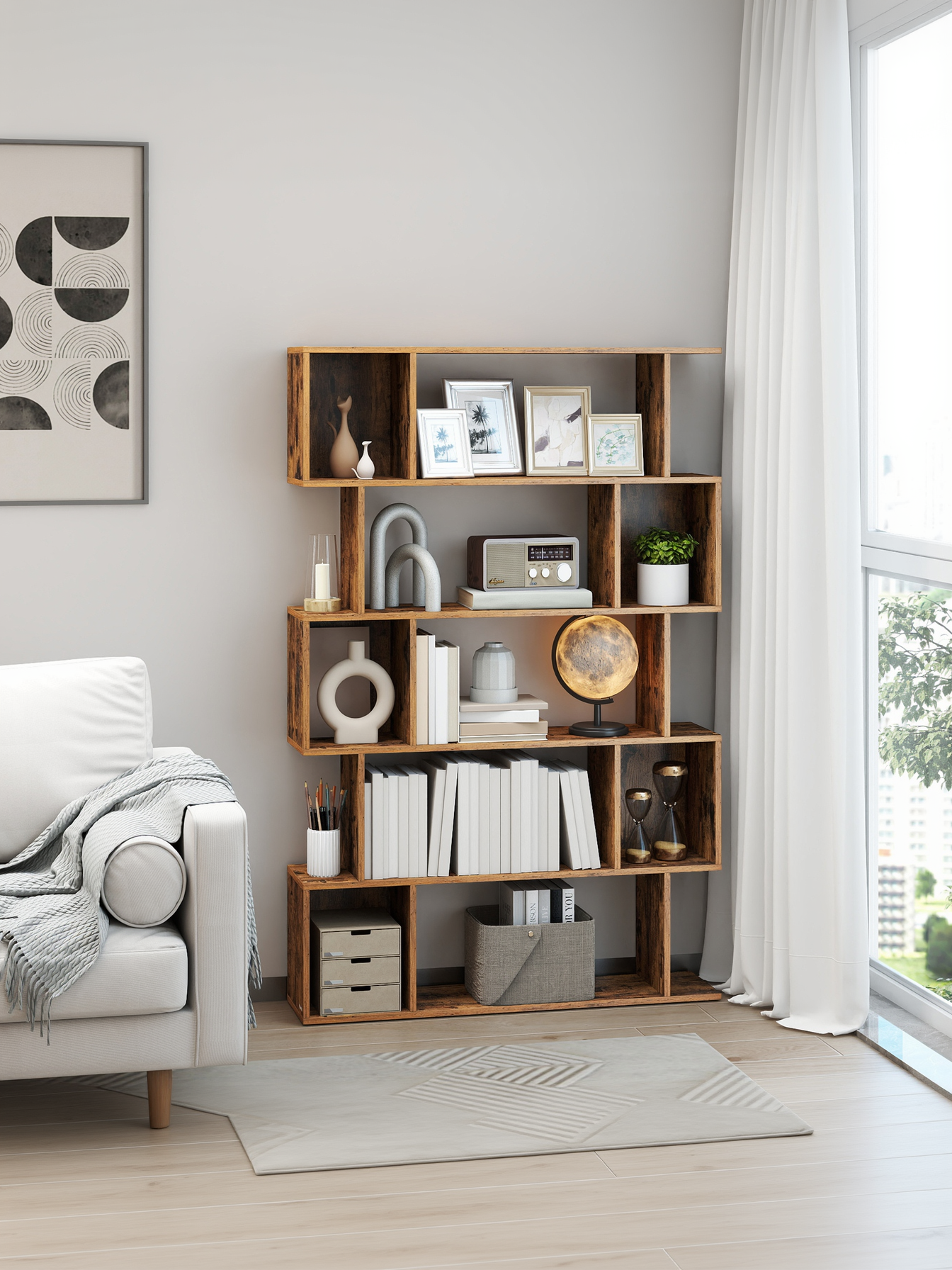 5-Tier Bookshelf with Open Compartments, 35.4 x 62.6 Inch Modern Storage Shelf for Living Room and Bedroom, Rustic Brown