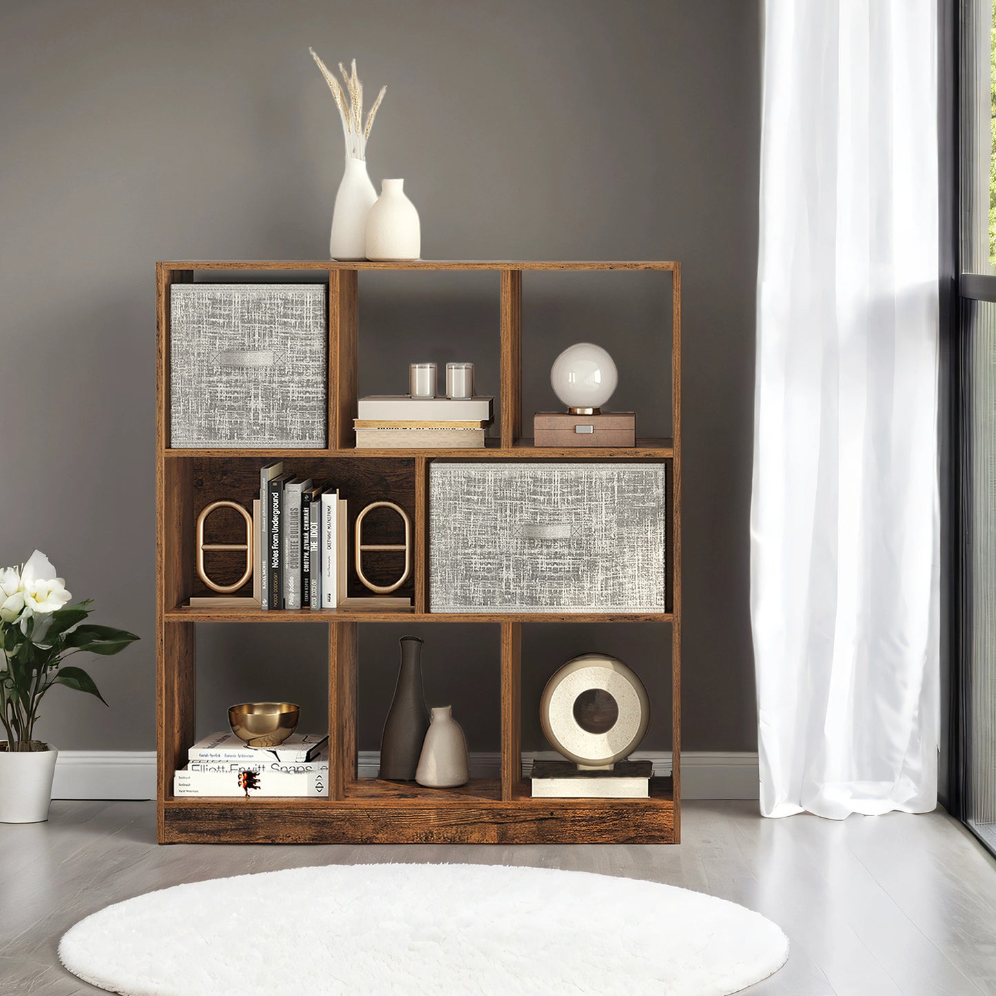 Freestanding Bookcase, 8-Tier Storage Shelf with Open Compartments, Multi-Directional Use, for Living Room, Study, Office, Holds 33lb per Shelf, Rustic Brown